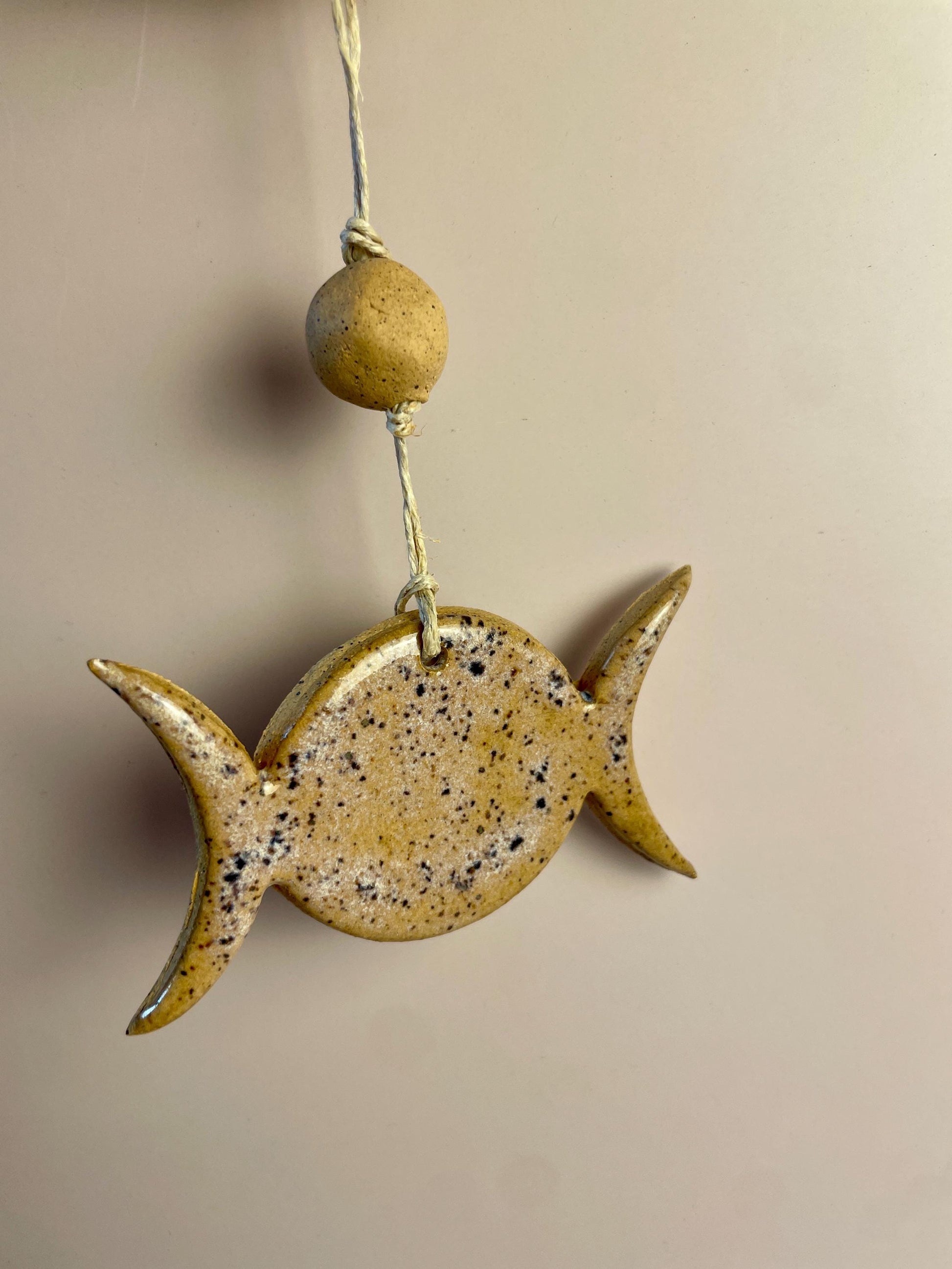 Triple Goddess Ornament – Lavender Indigo Speckle with Honey Clay Bead | Handcrafted Moon Symbol Wall Hanging | Feminine Divine Decor