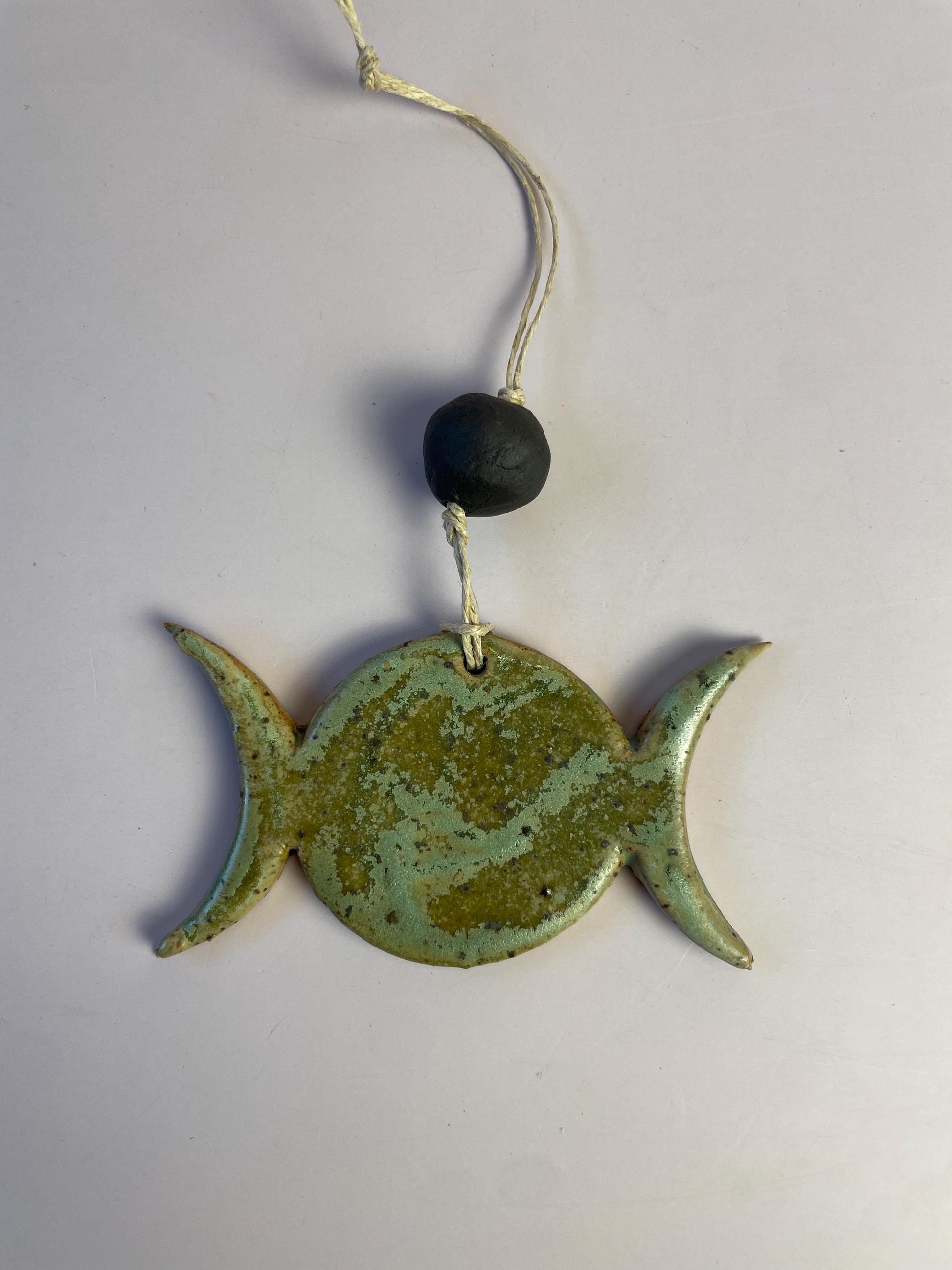 Triple Goddess Ornament – Matte Green with Dark Chocolate Clay Bead | Handcrafted Moon Symbol Wall Hanging | Earth Goddess Decor