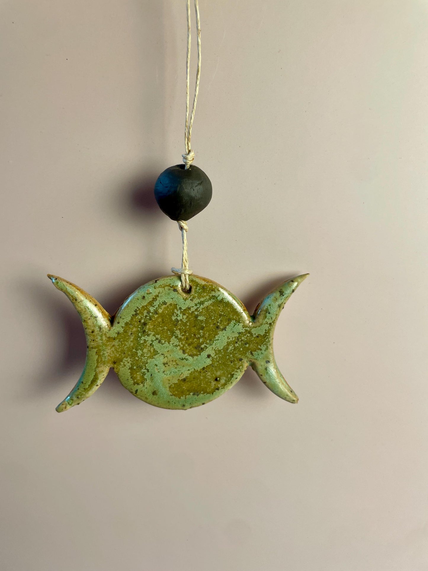 Triple Goddess Ornament – Matte Green with Dark Chocolate Clay Bead | Handcrafted Moon Symbol Wall Hanging | Earth Goddess Decor