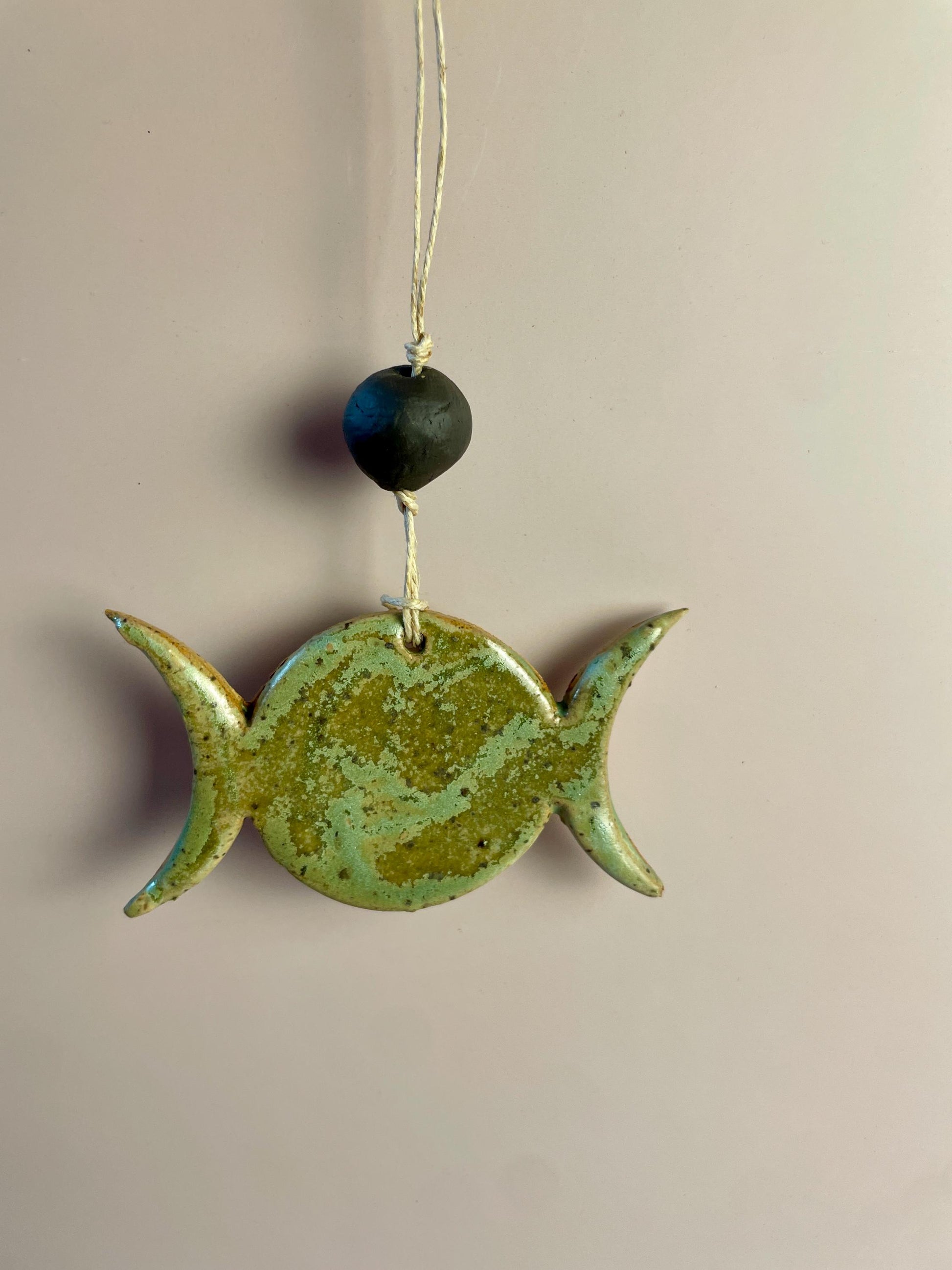 Triple Goddess Ornament – Matte Green with Dark Chocolate Clay Bead | Handcrafted Moon Symbol Wall Hanging | Earth Goddess Decor