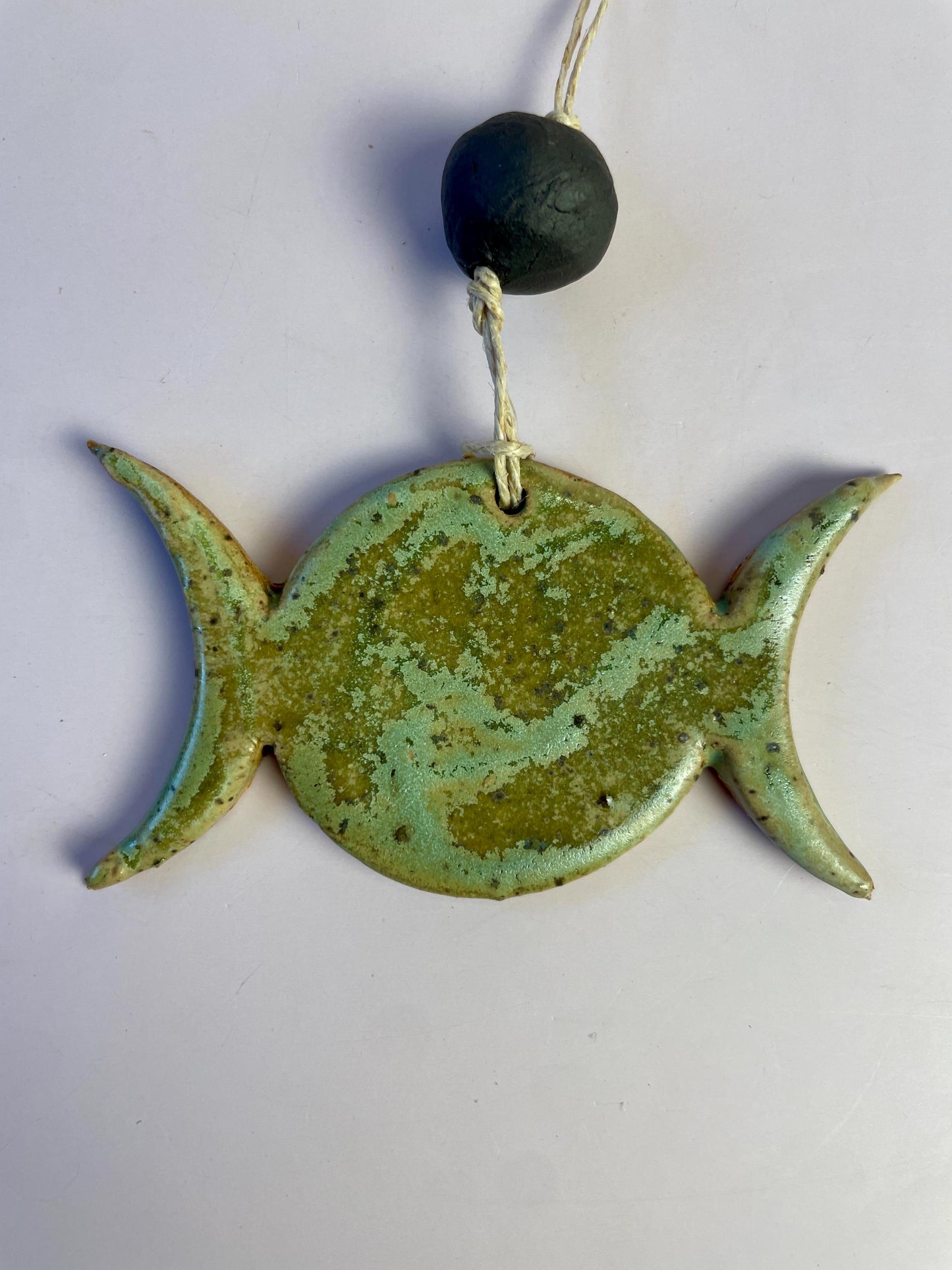 Triple Goddess Ornament – Matte Green with Dark Chocolate Clay Bead | Handcrafted Moon Symbol Wall Hanging | Earth Goddess Decor