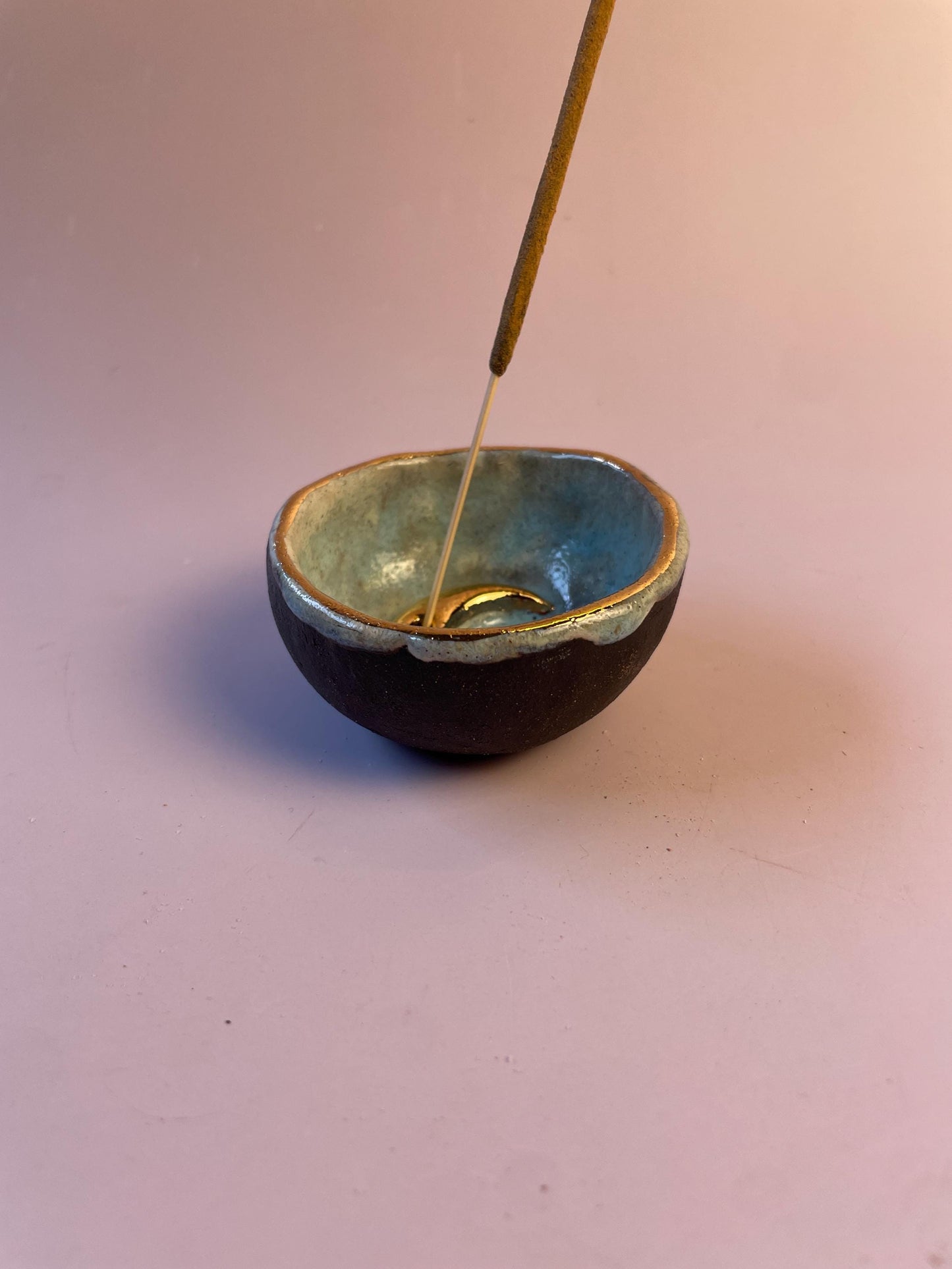 Handmade Aqua and Gold Crescent Moon Incense Holder | Ceramic Trinket Bowl for Jewelry and Sacred Objects