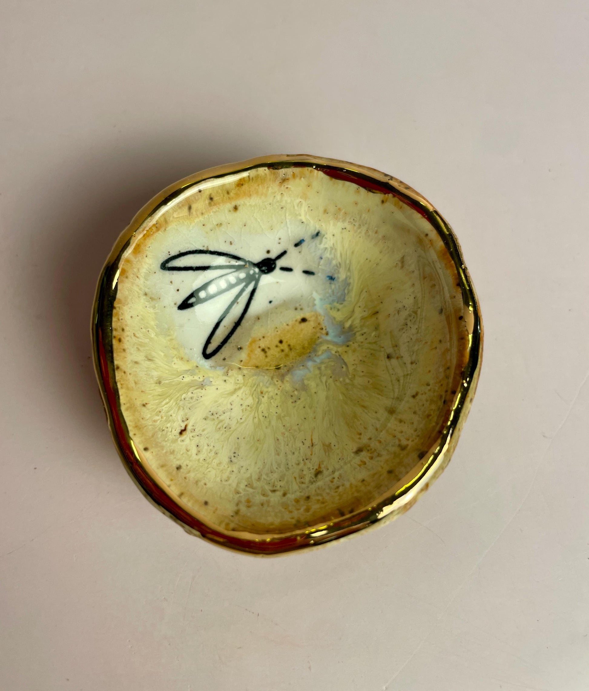 Tiny Firefly Bowl – Hand-Pinched Ceramic Dish in Golden Yellow Glaze with Gold Luster Edge | Symbol of Light and Renewal