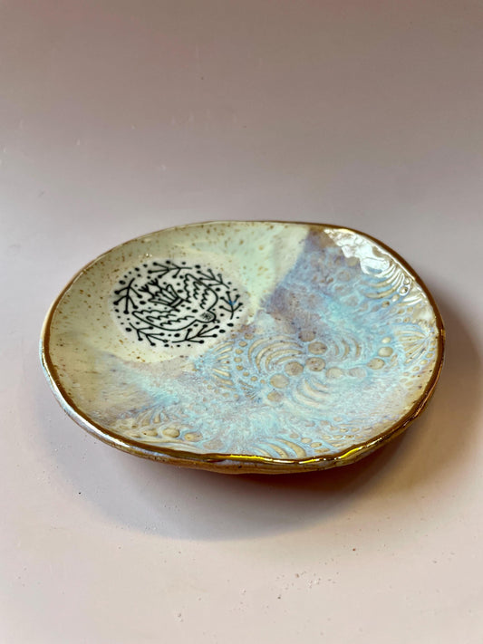 Handmade Ceramic Trinket Dish – Bird and Wave Design with Gold Luster – Decorative Art Bowl