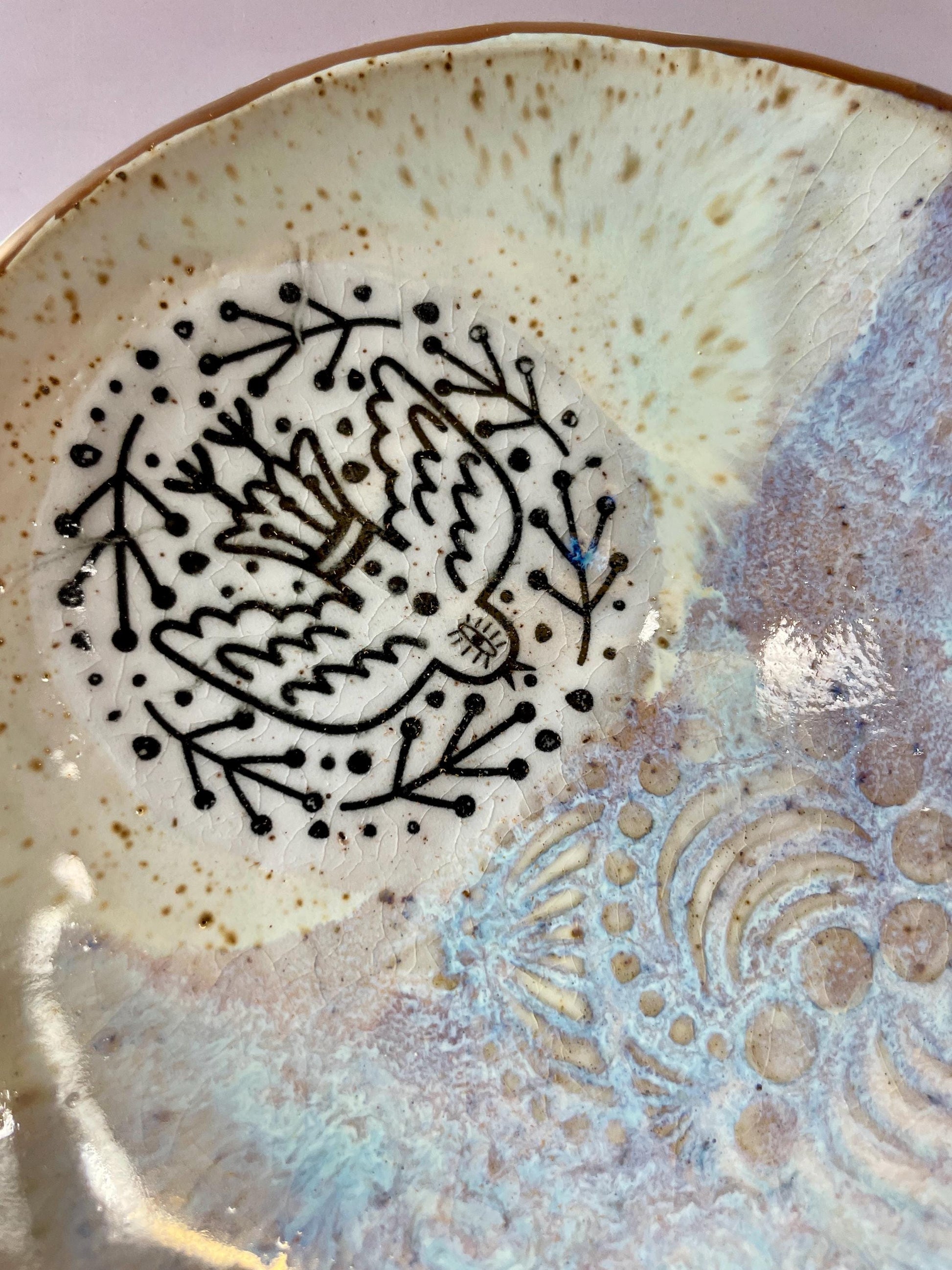 Handmade Ceramic Trinket Dish – Bird and Wave Design with Gold Luster – Decorative Art Bowl