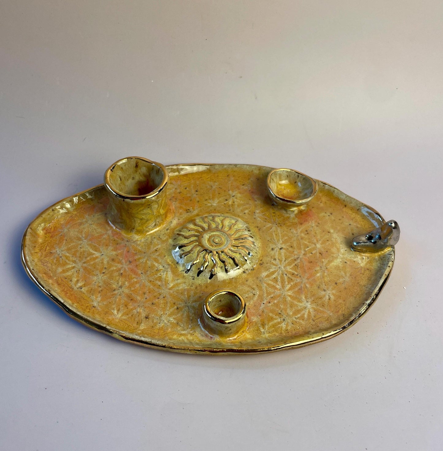 Four-Element Ritual Dish – Flower of Life, Sun and Moon, Coral and Gold Glaze