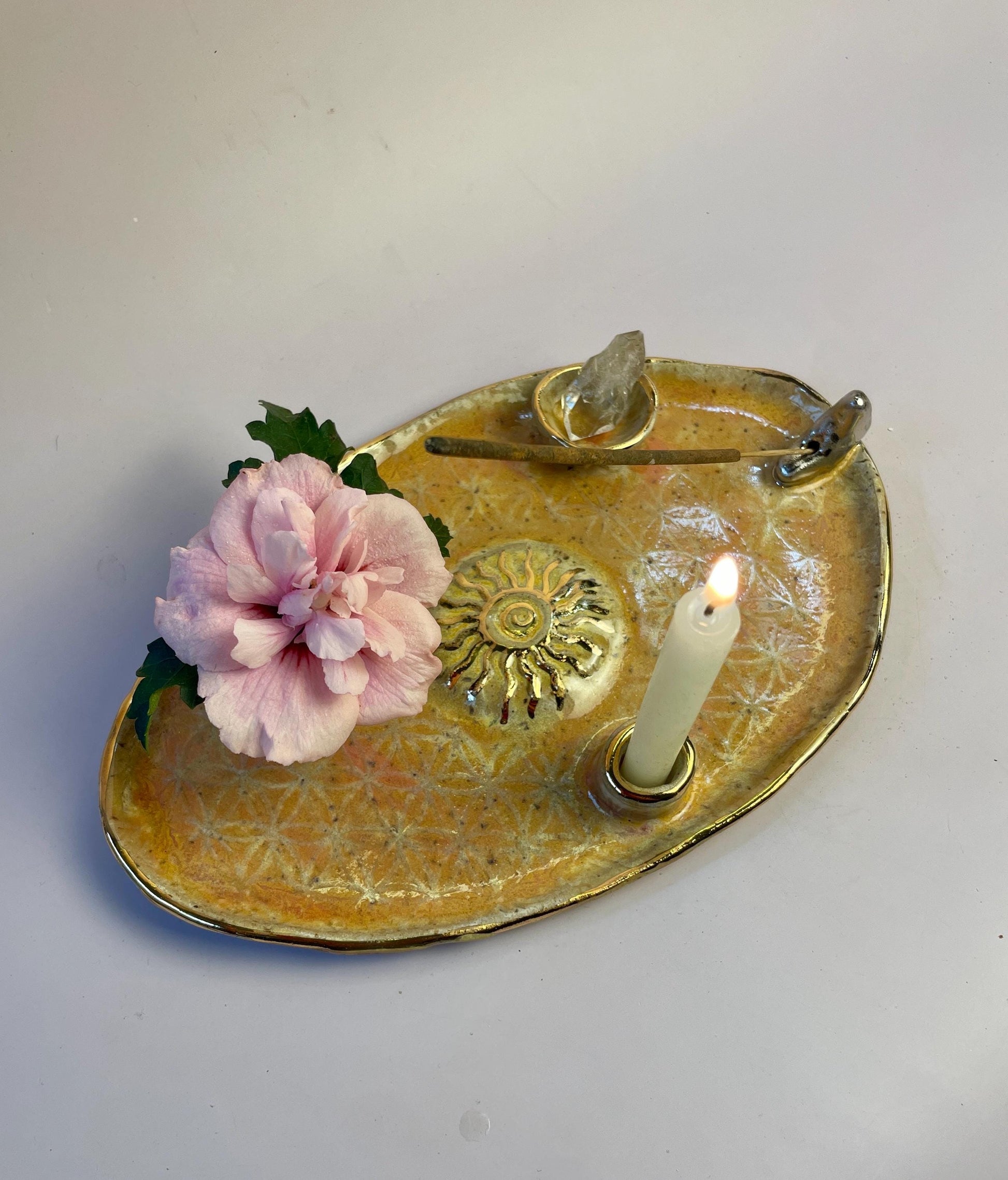 Four-Element Ritual Dish – Flower of Life, Sun and Moon, Coral and Gold Glaze