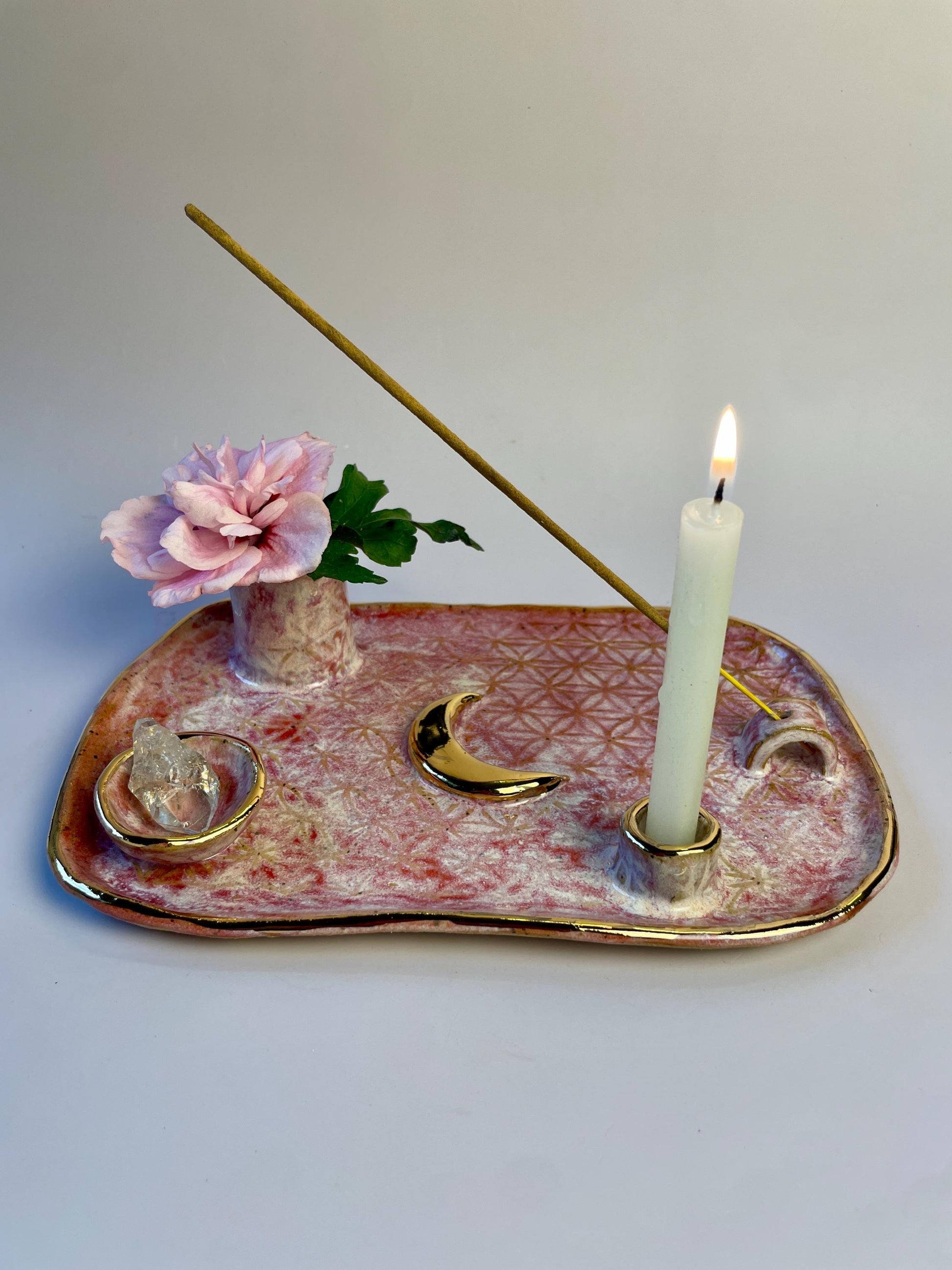 Pink Flower of Life Ceramic Ritual Dish – Gold Crescent Moon, Four-Element Altar for Candle, Incense, and Offerings