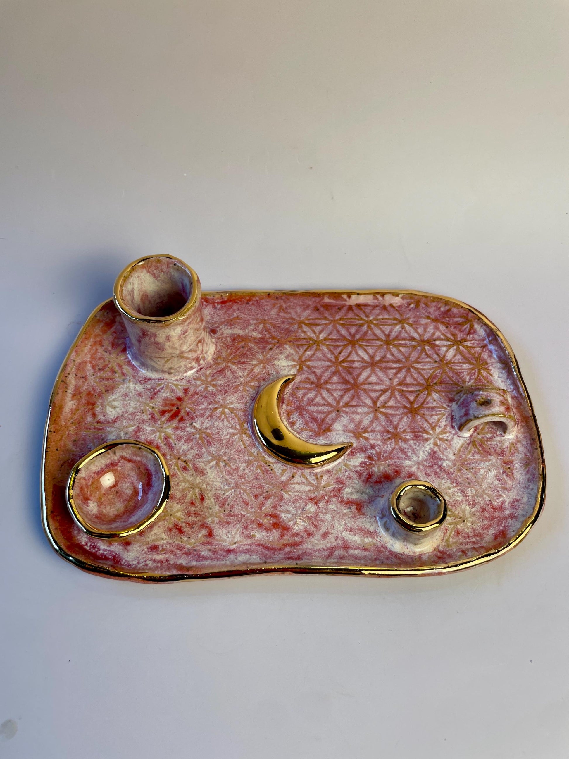 Pink Flower of Life Ceramic Ritual Dish – Gold Crescent Moon, Four-Element Altar for Candle, Incense, and Offerings