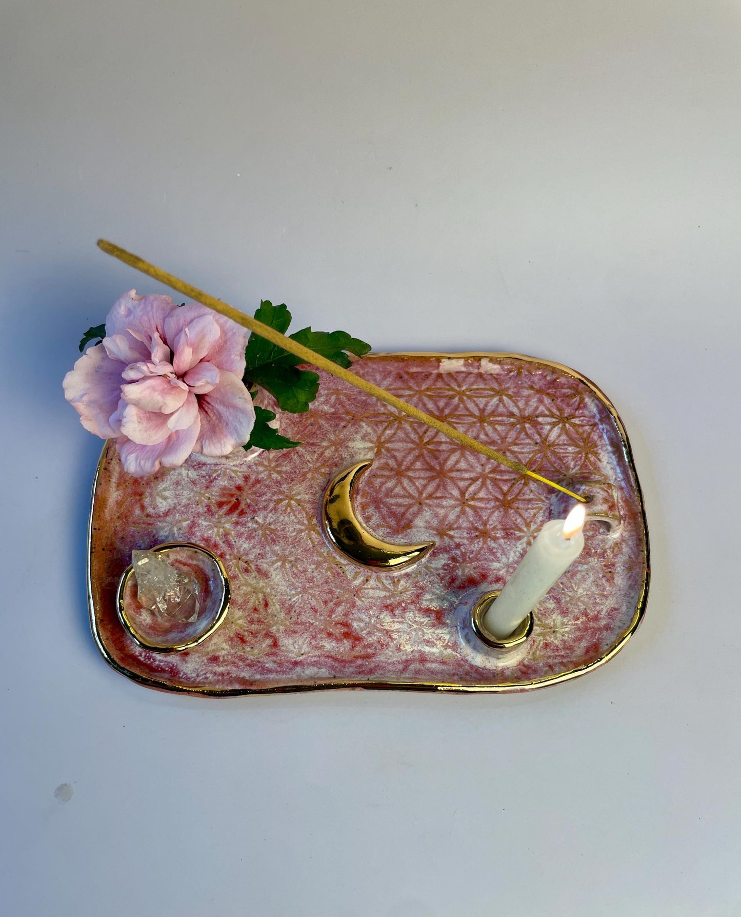 Pink Flower of Life Ceramic Ritual Dish – Gold Crescent Moon, Four-Element Altar for Candle, Incense, and Offerings