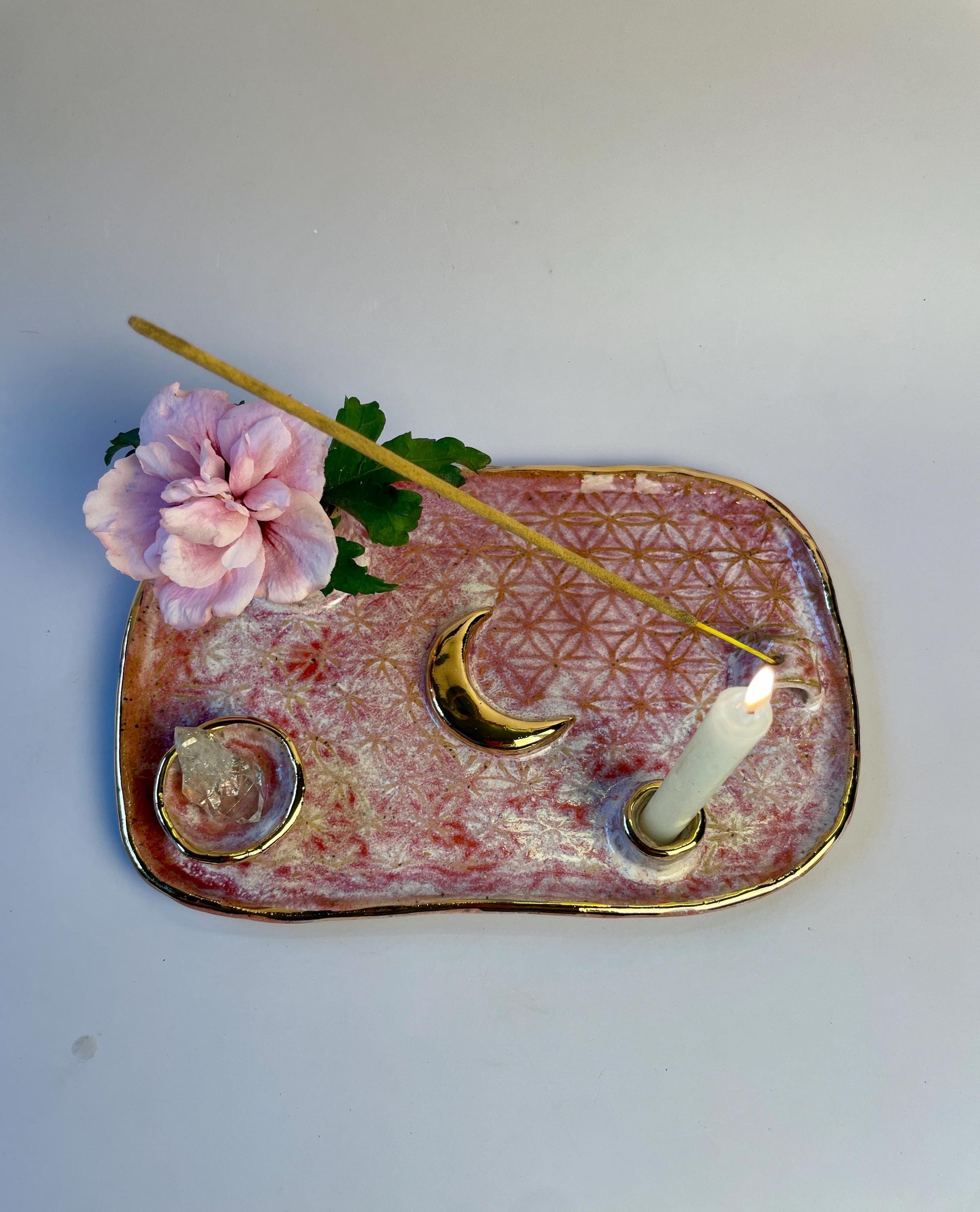 Pink Flower of Life Ceramic Ritual Dish – Gold Crescent Moon, Four-Element Altar for Candle, Incense, and Offerings