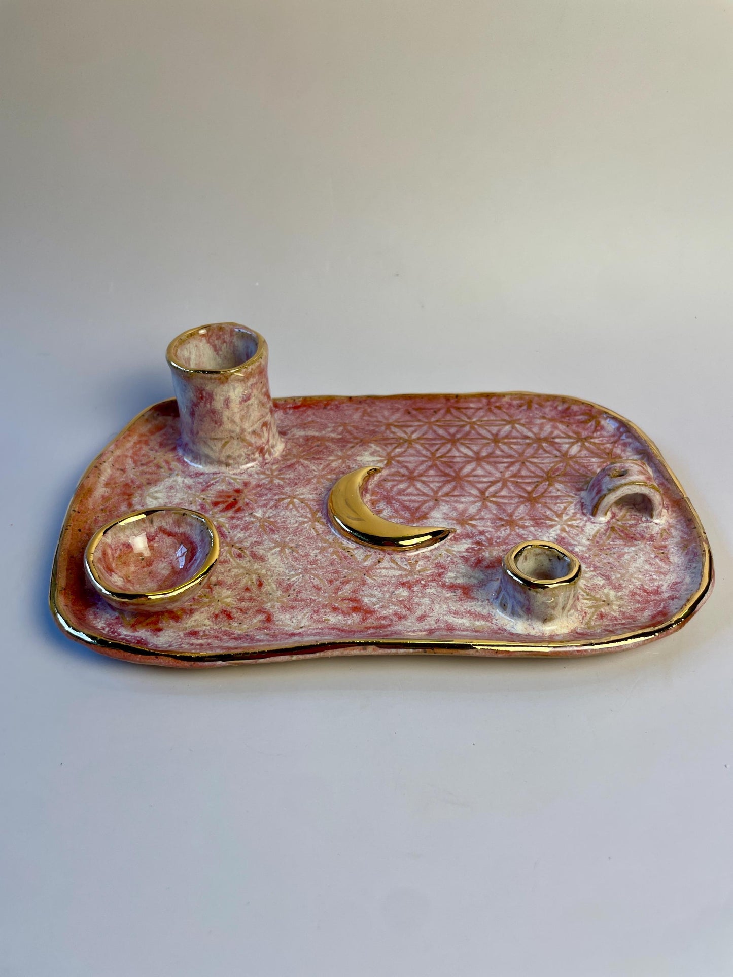 Pink Flower of Life Ceramic Ritual Dish – Gold Crescent Moon, Four-Element Altar for Candle, Incense, and Offerings