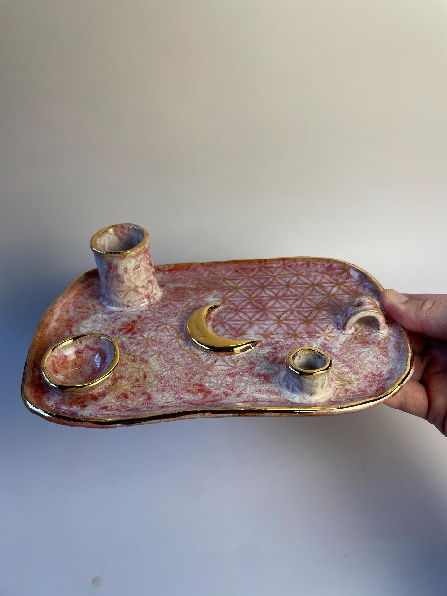 Pink Flower of Life Ceramic Ritual Dish – Gold Crescent Moon, Four-Element Altar for Candle, Incense, and Offerings