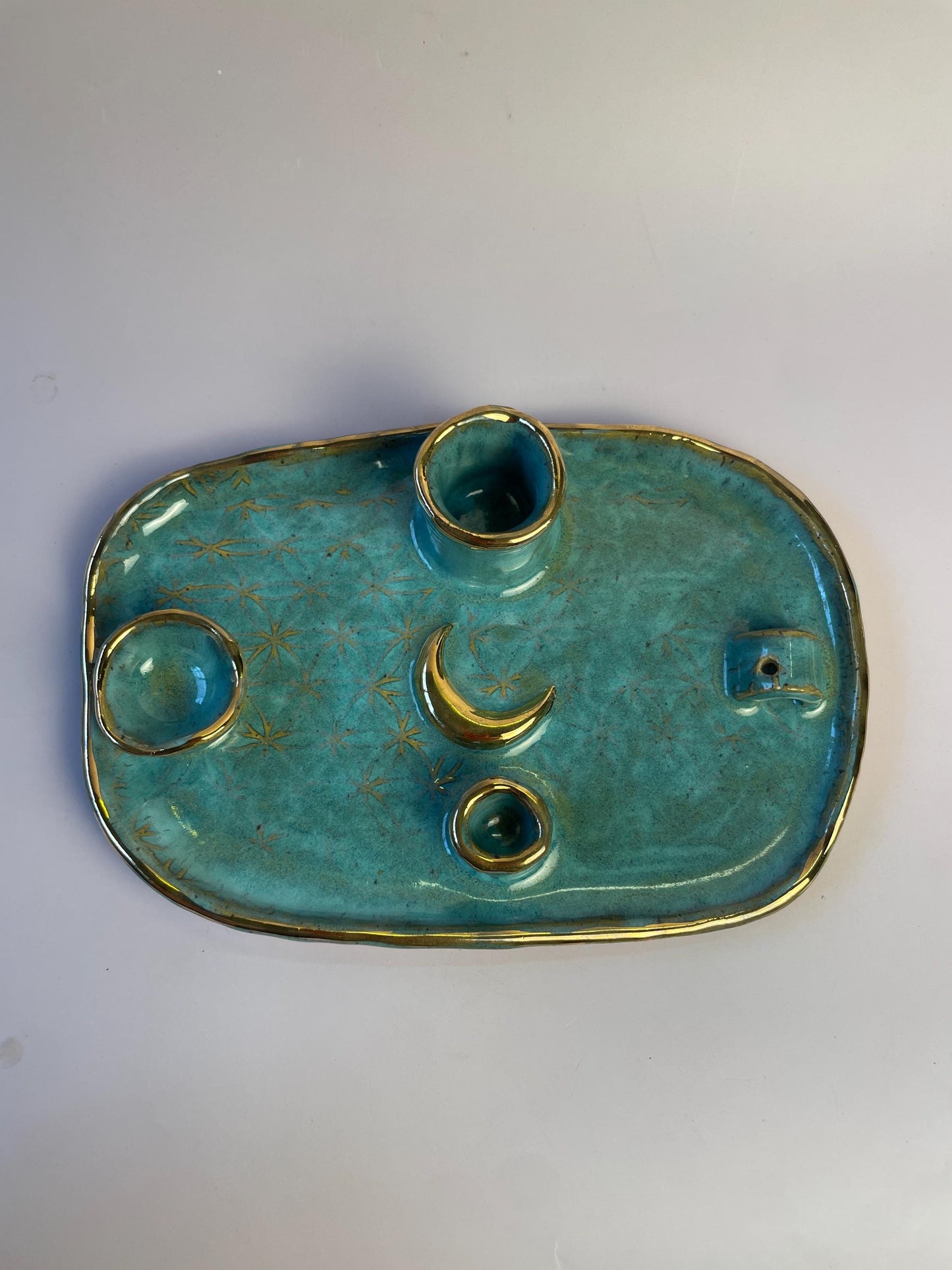 Turquoise Flower of Life Ritual Dish – Gold Crescent Moon, Four-Element Altar for Candle, Incense, and Offerings