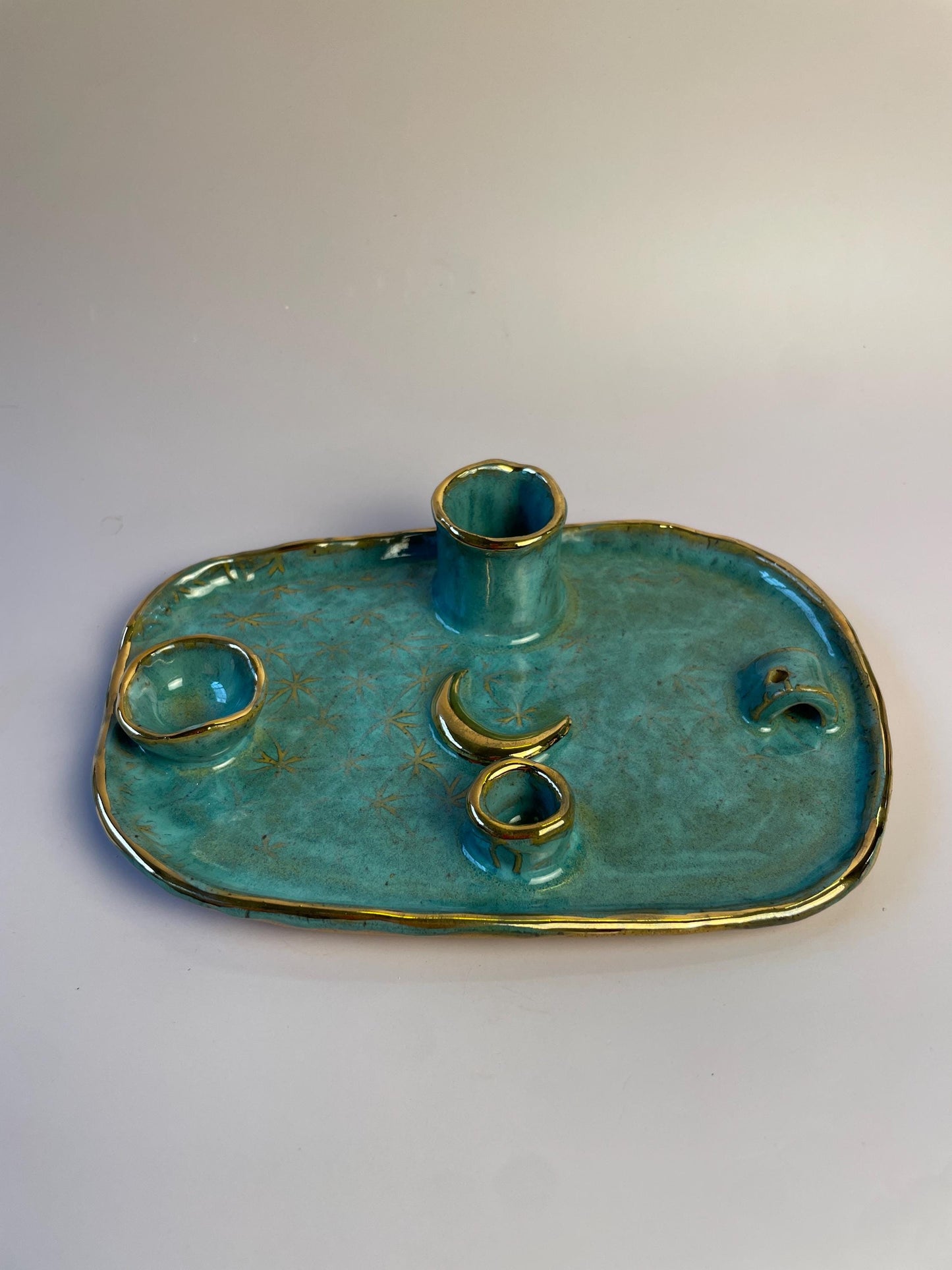 Turquoise Flower of Life Ritual Dish – Gold Crescent Moon, Four-Element Altar for Candle, Incense, and Offerings