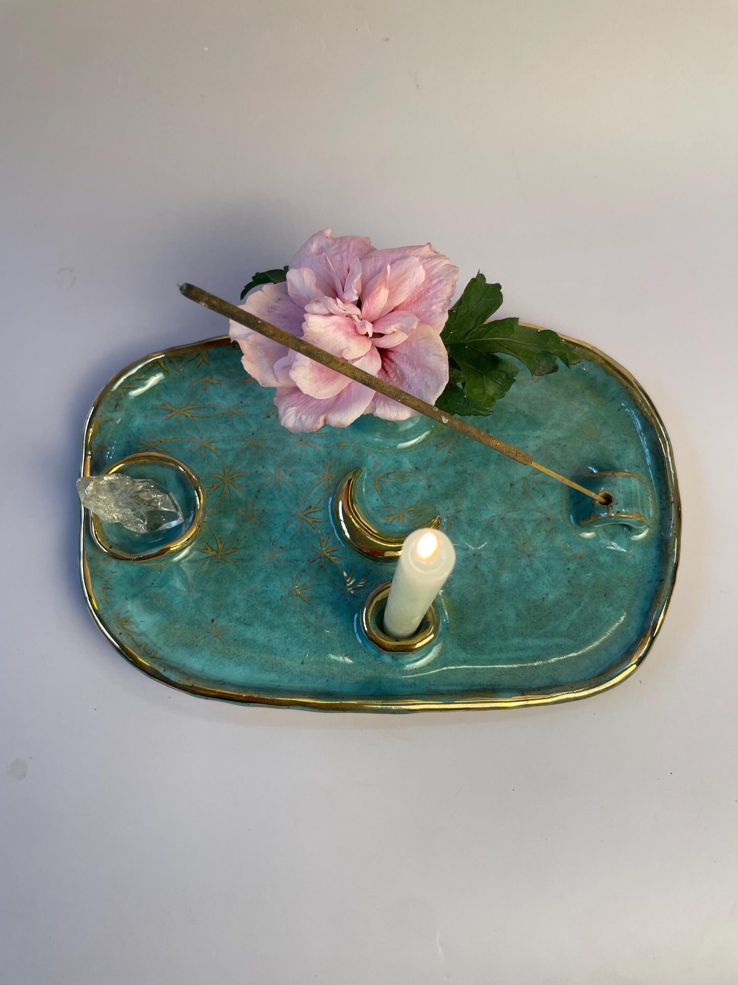Turquoise Flower of Life Ritual Dish – Gold Crescent Moon, Four-Element Altar for Candle, Incense, and Offerings