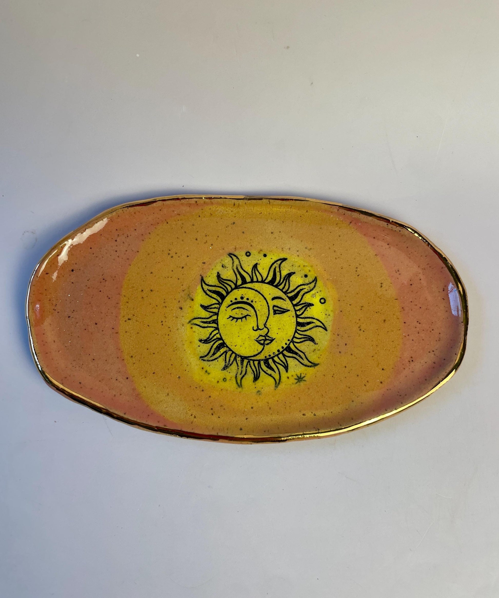 Sun Moon Trinket Dish – Coral, Orange and Yellow Glaze with Gold Luster Rim