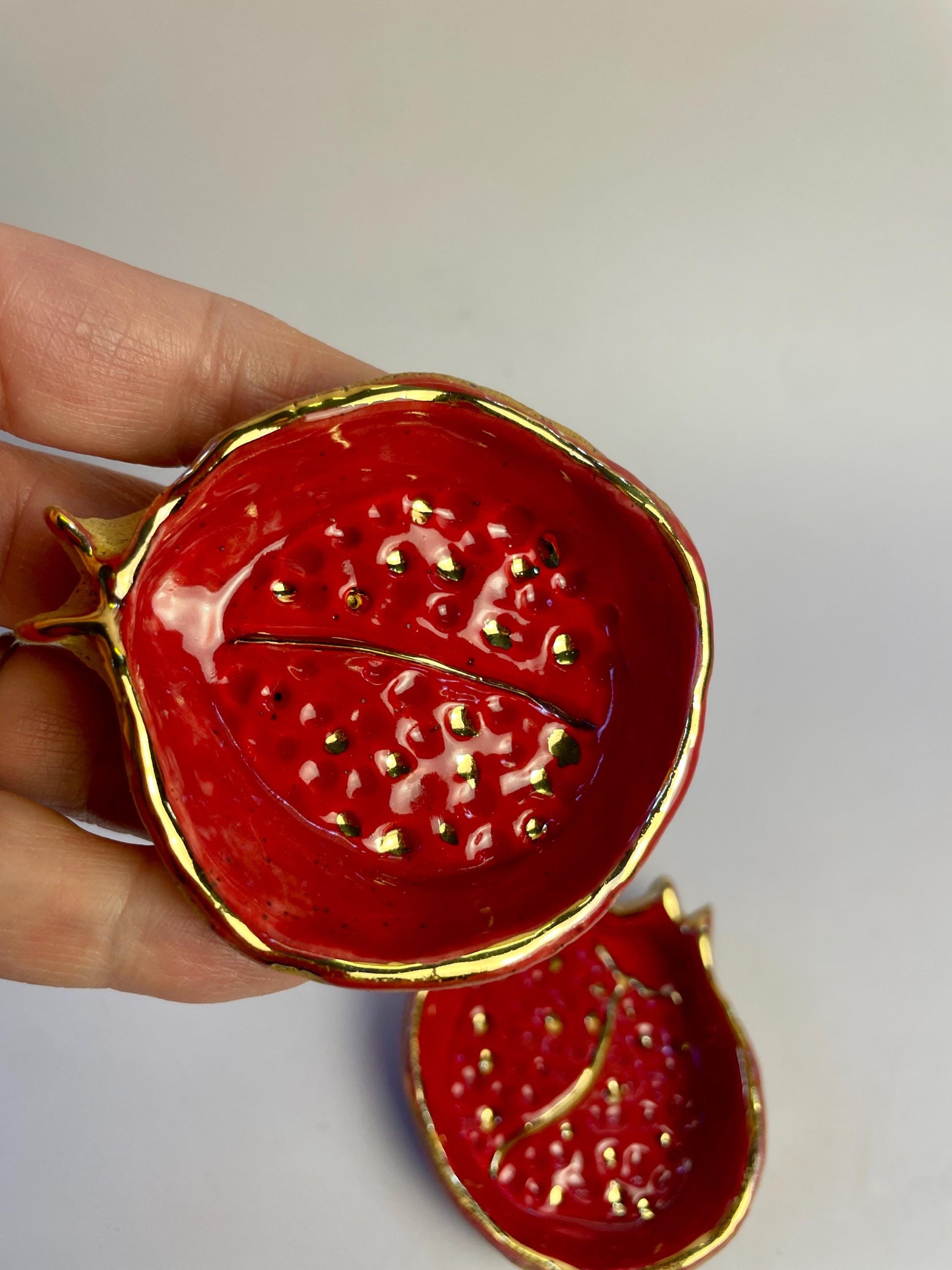 Sacred Pomegranate Offering Bowl — Small Hand-Pinched Honey Clay with Gold Luster Rim and Seeds