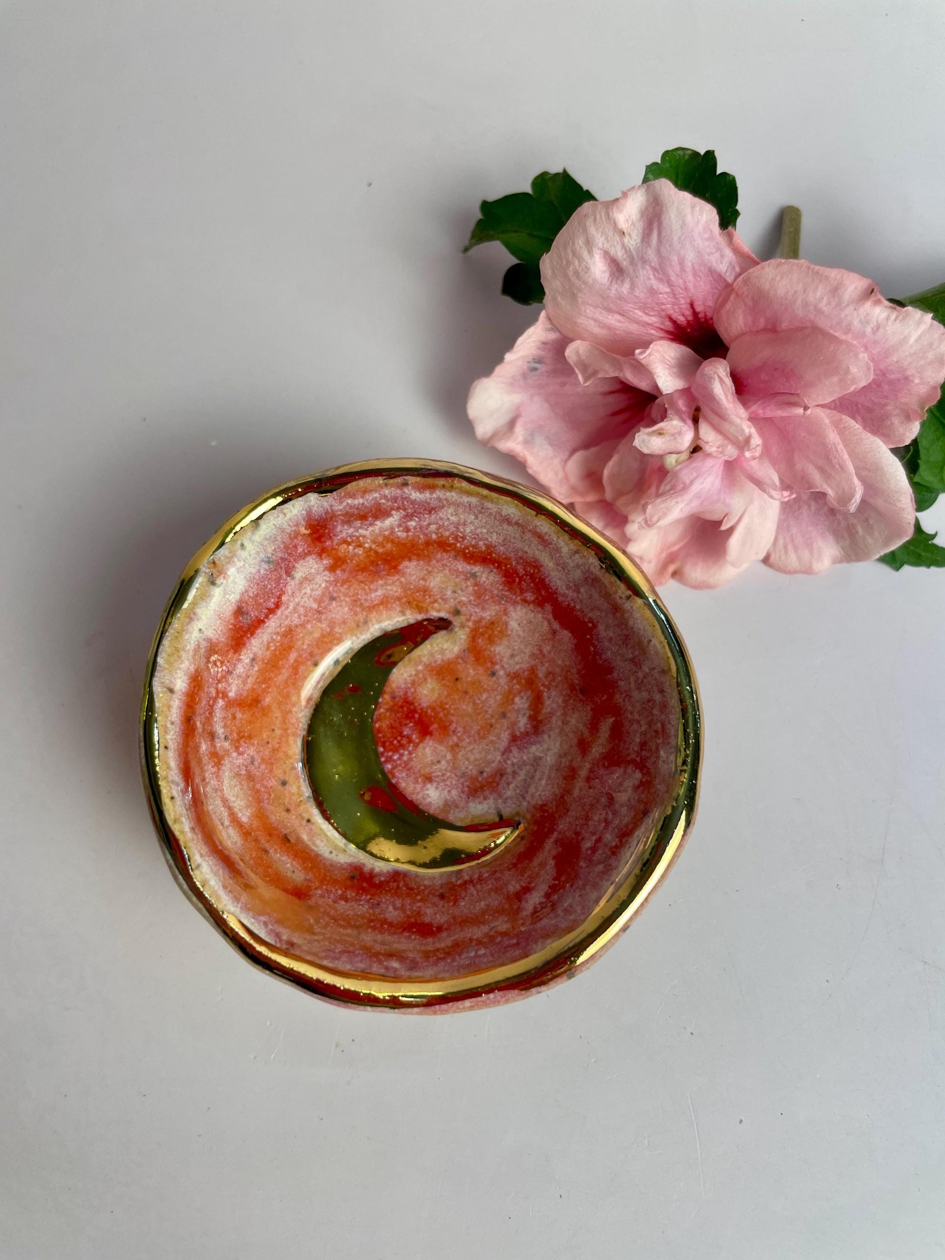 Mini Altar Bowl – Pink Ceramic Moon Dish with Gold Rim, Handmade Ritual Vessel