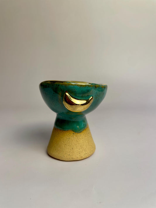 Small Turquoise Moon Altar Chalice – Hand-Built Honey Clay Ritual Vessel with Gold Crescent Moonsl
