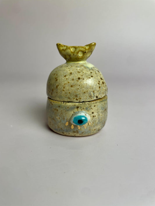 Moon Guardian Jar – Tiny Keepsake Vessel with Eyes and Gold Rays