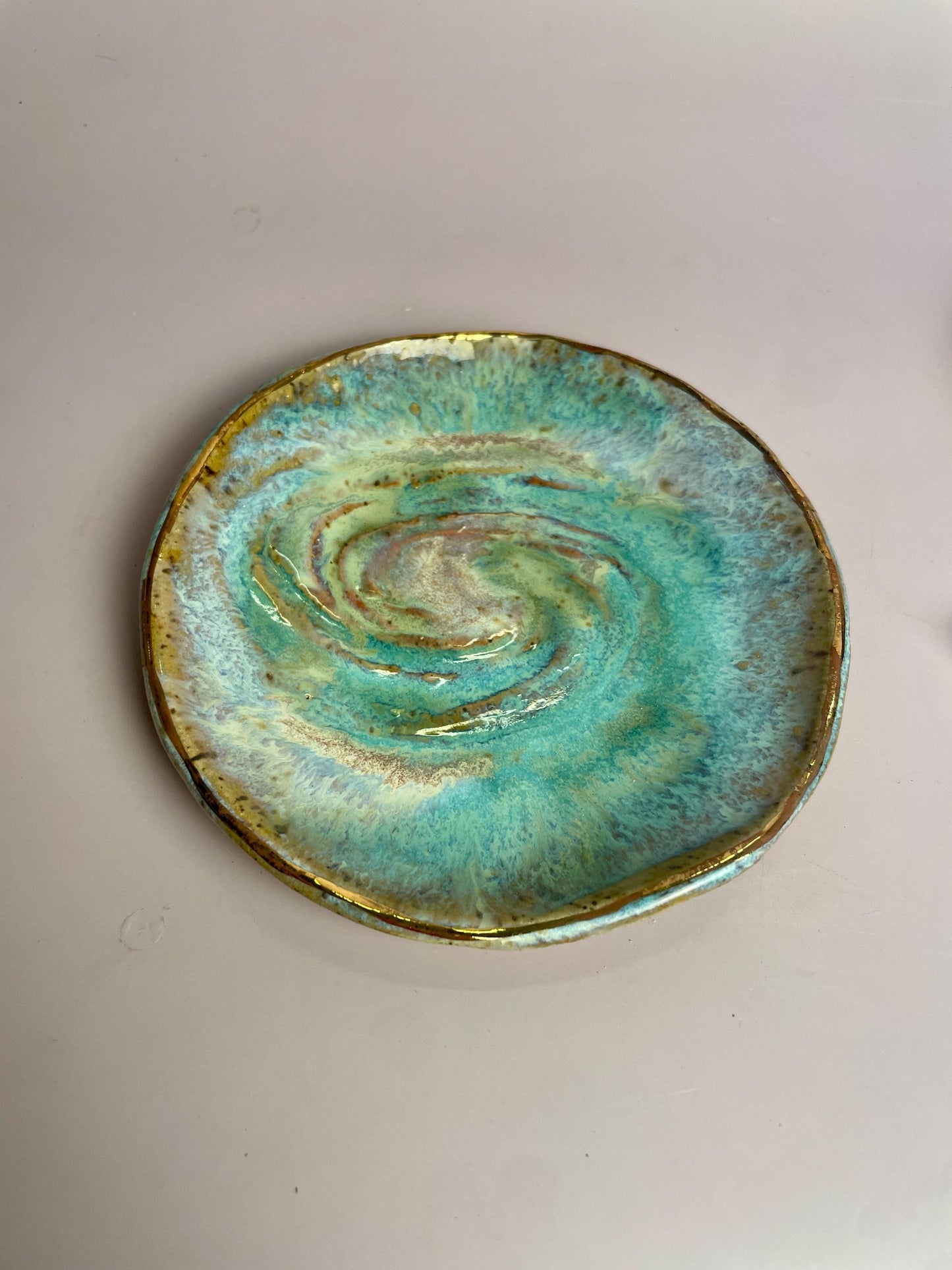 Galaxy Swirl Trinket Dish — Crystal Charging and Altar Bowl in Icy Lavender Blue and Emerald Glaze