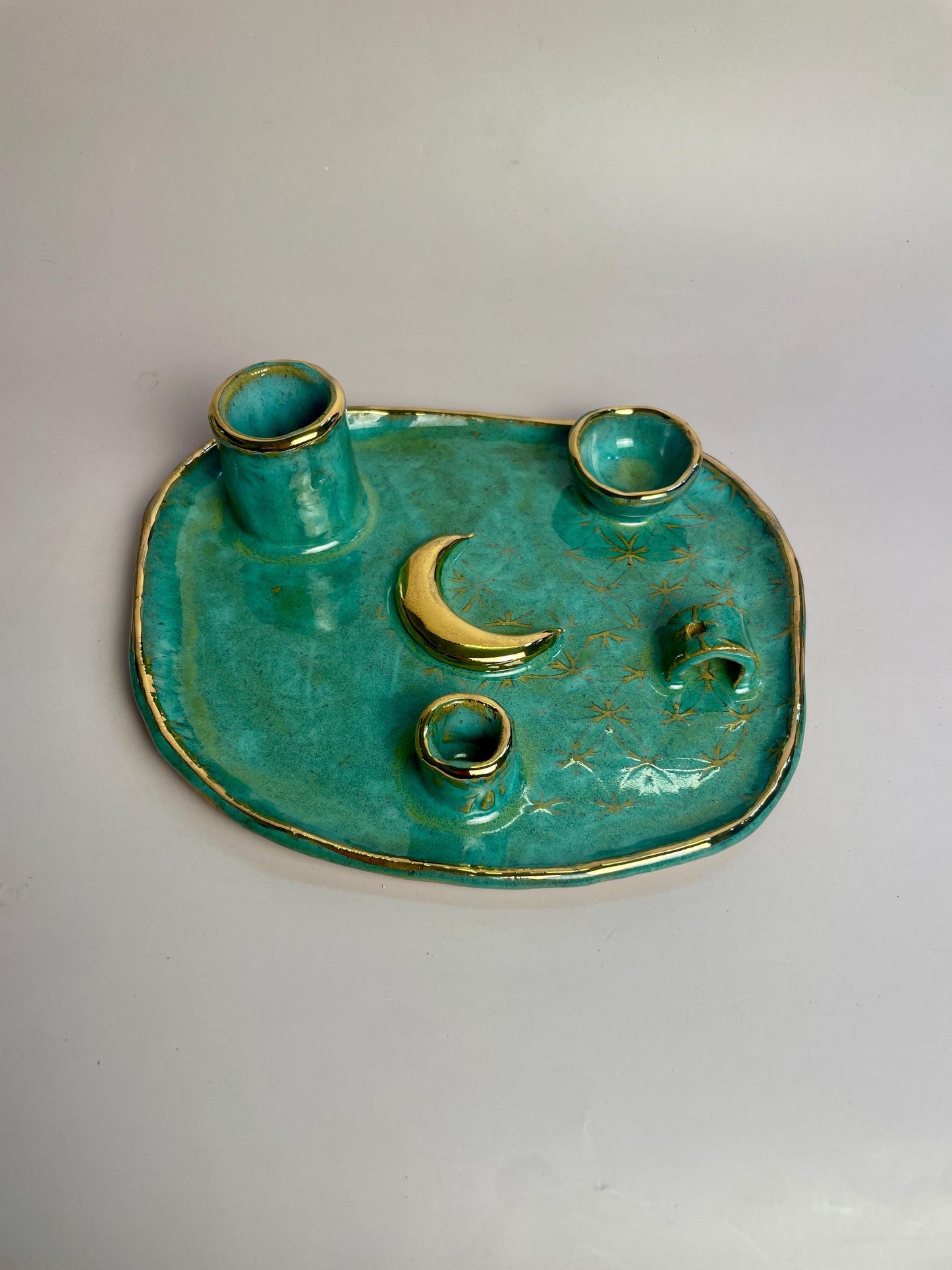 Four-Element Ritual Dish with Gold Moon — Flower of Life Design