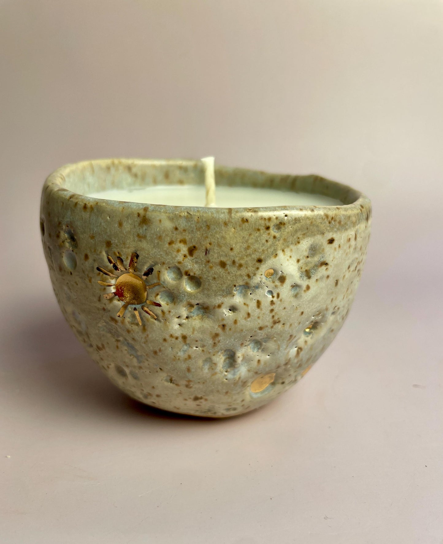Moon-Inspired Ceramic Candle – Honey Clay Vessel with Gold Crater Details | Fragrance-Free Apricot Wax