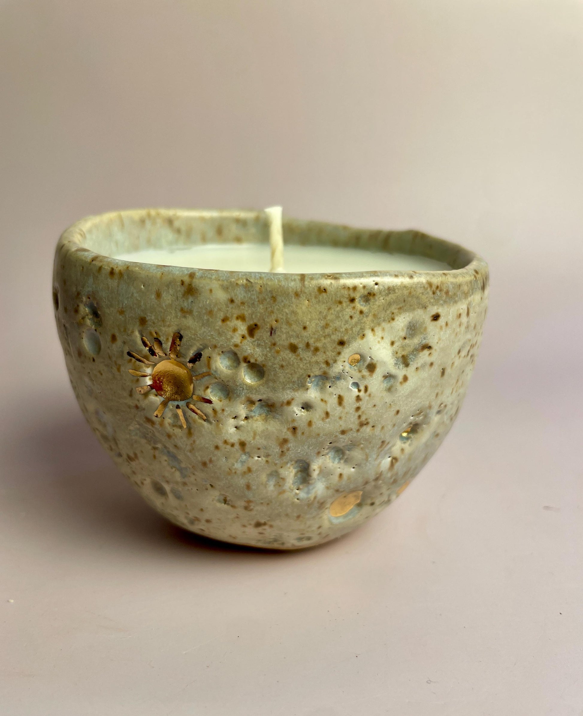 Moon-Inspired Ceramic Candle – Honey Clay Vessel with Gold Crater Details | Fragrance-Free Apricot Wax