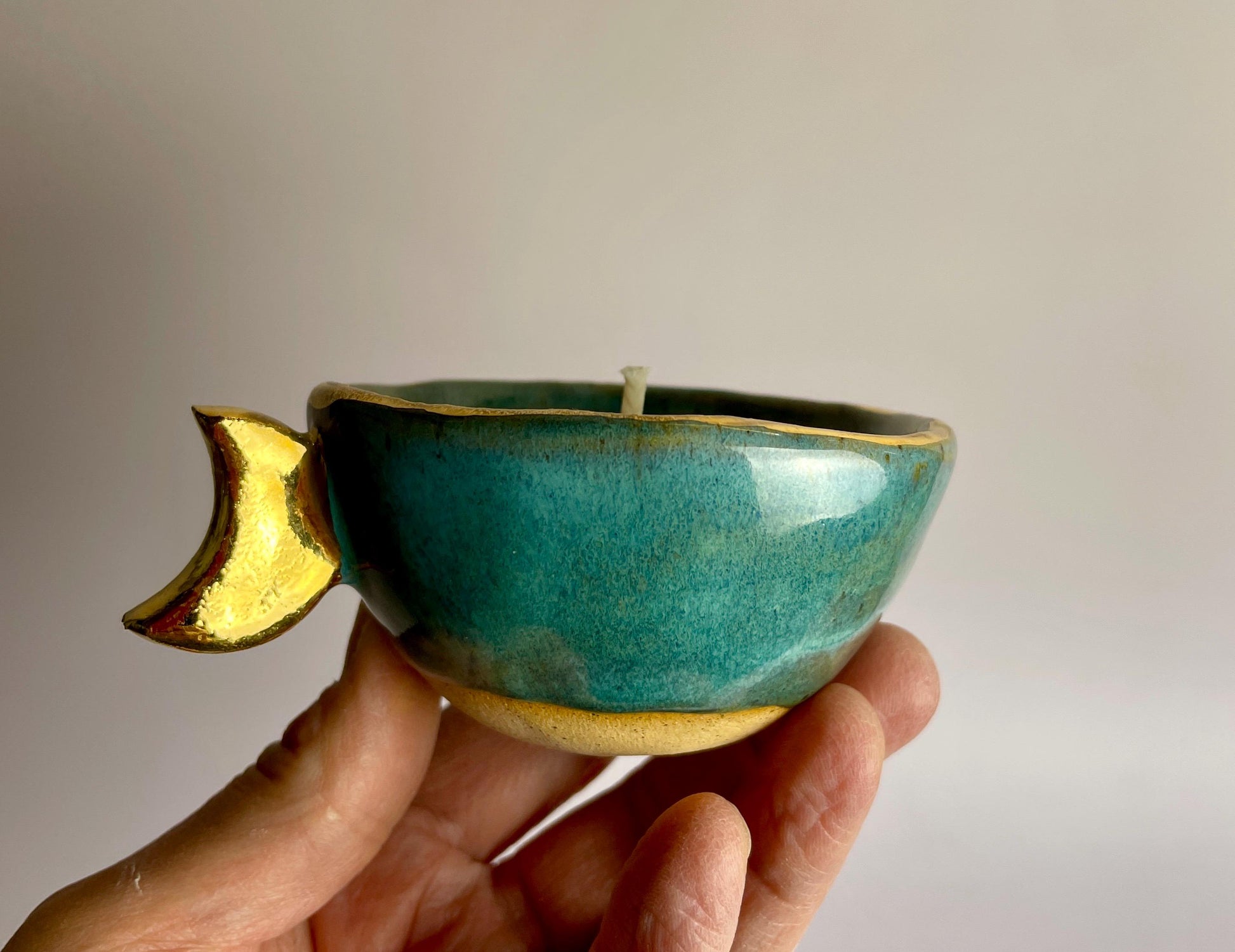 Turquoise Moon Vessel – Hand-Pinched Cup with Gold Luster Crescent Handle | Candle or Altar Cup