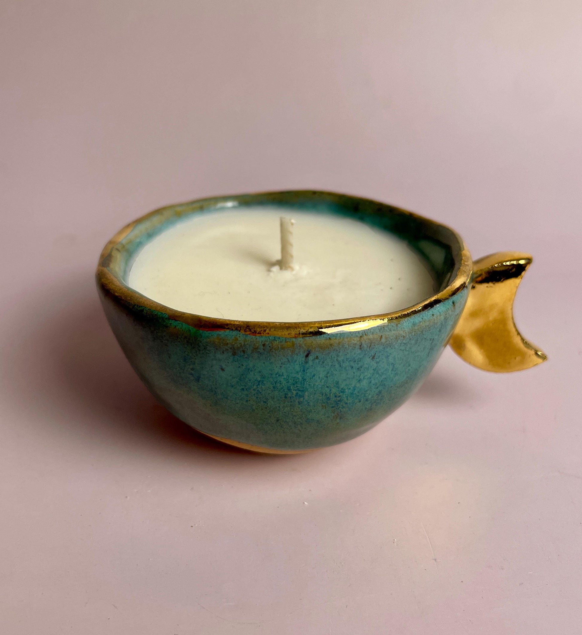 Turquoise Moon Vessel – Hand-Pinched Cup with Gold Luster Crescent Handle | Candle or Altar Cup