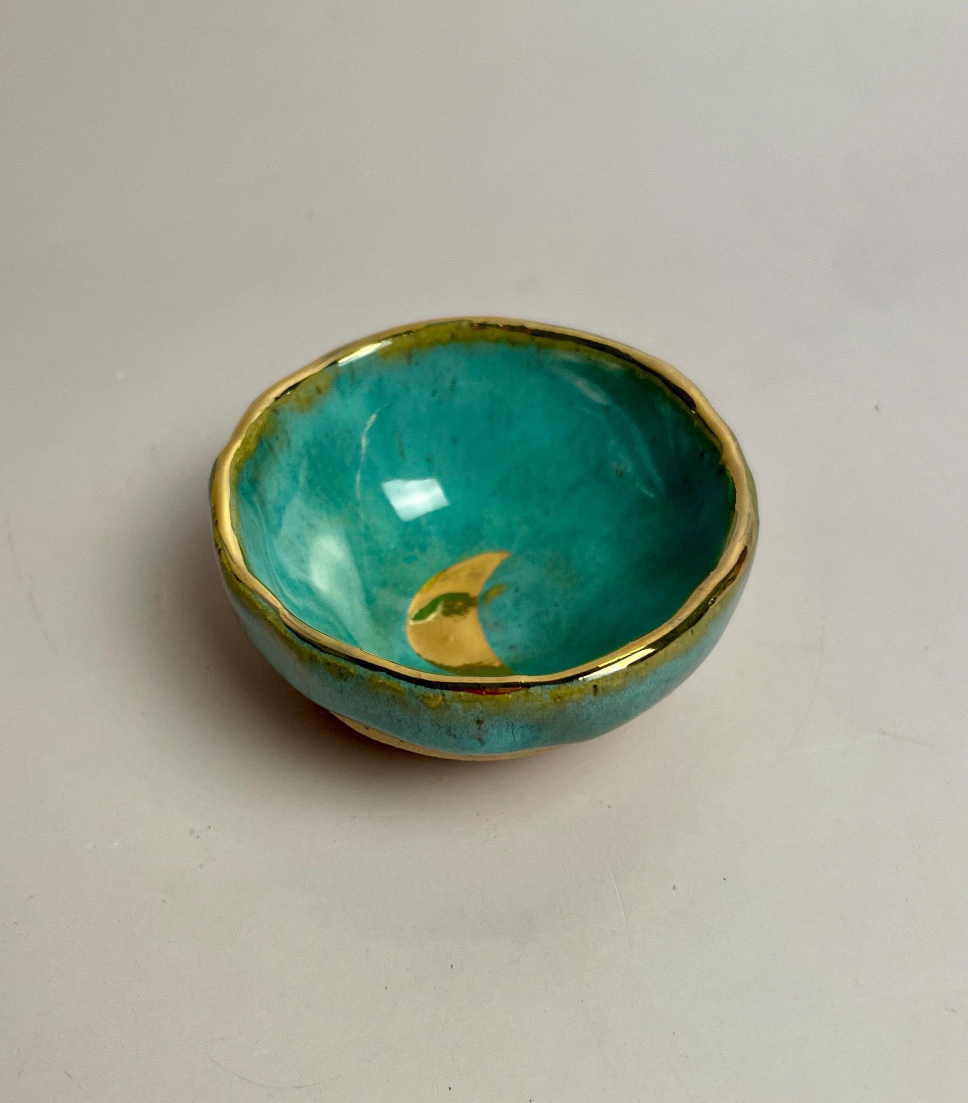 Turquoise Crescent Moon Bowl – Hand-Pinched Ceramic Dish with Gold Luster Rim | Mini Altar or Jewelry Dish | Celestial Pottery Gift
