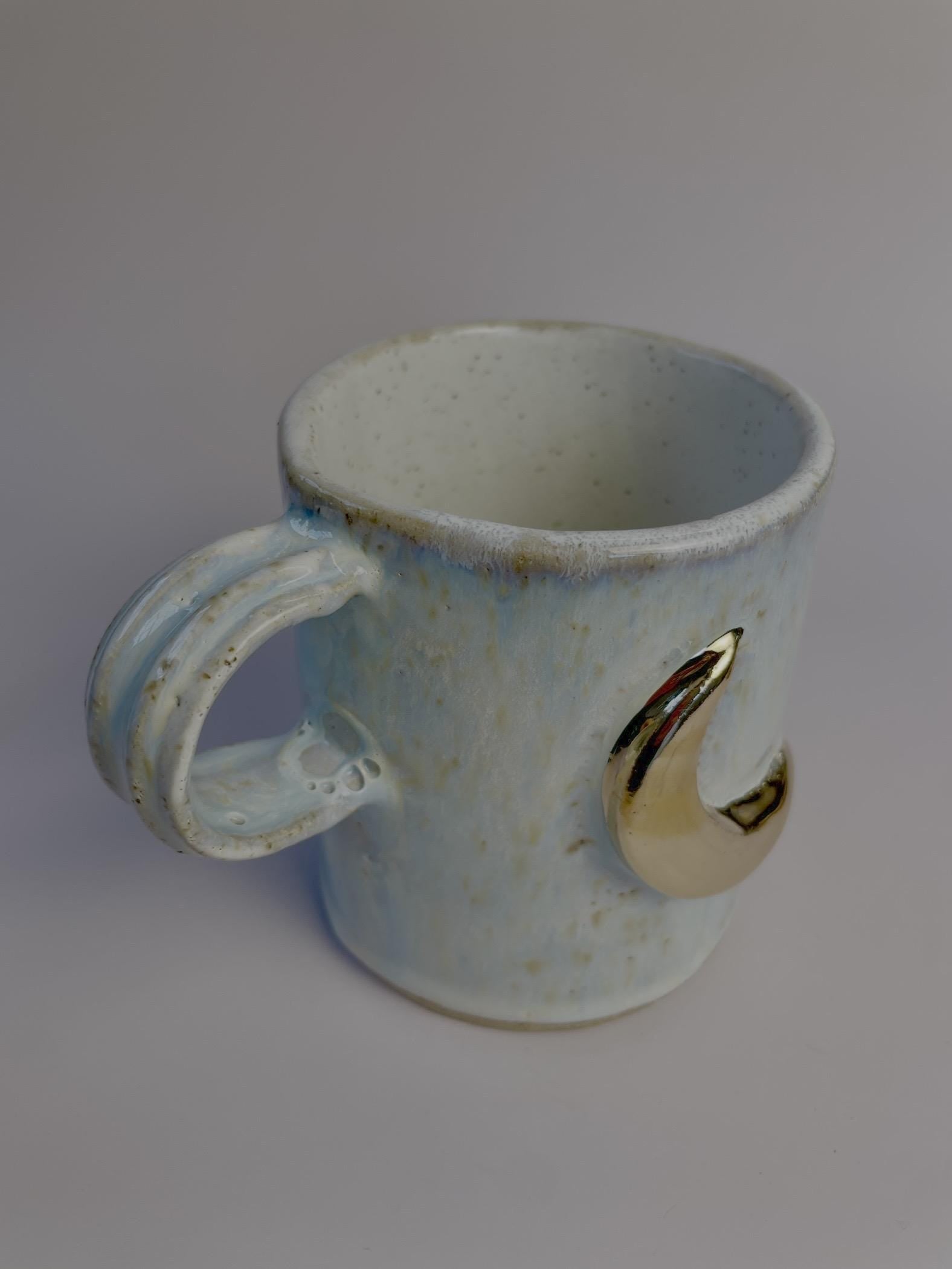 Cretan Labyrinth Mug with Gold Crescent Moon – Hand-Built Ceramic Cup | Honey Clay Mug with Blue-Purple Glaze | Mythic Ritual Pottery