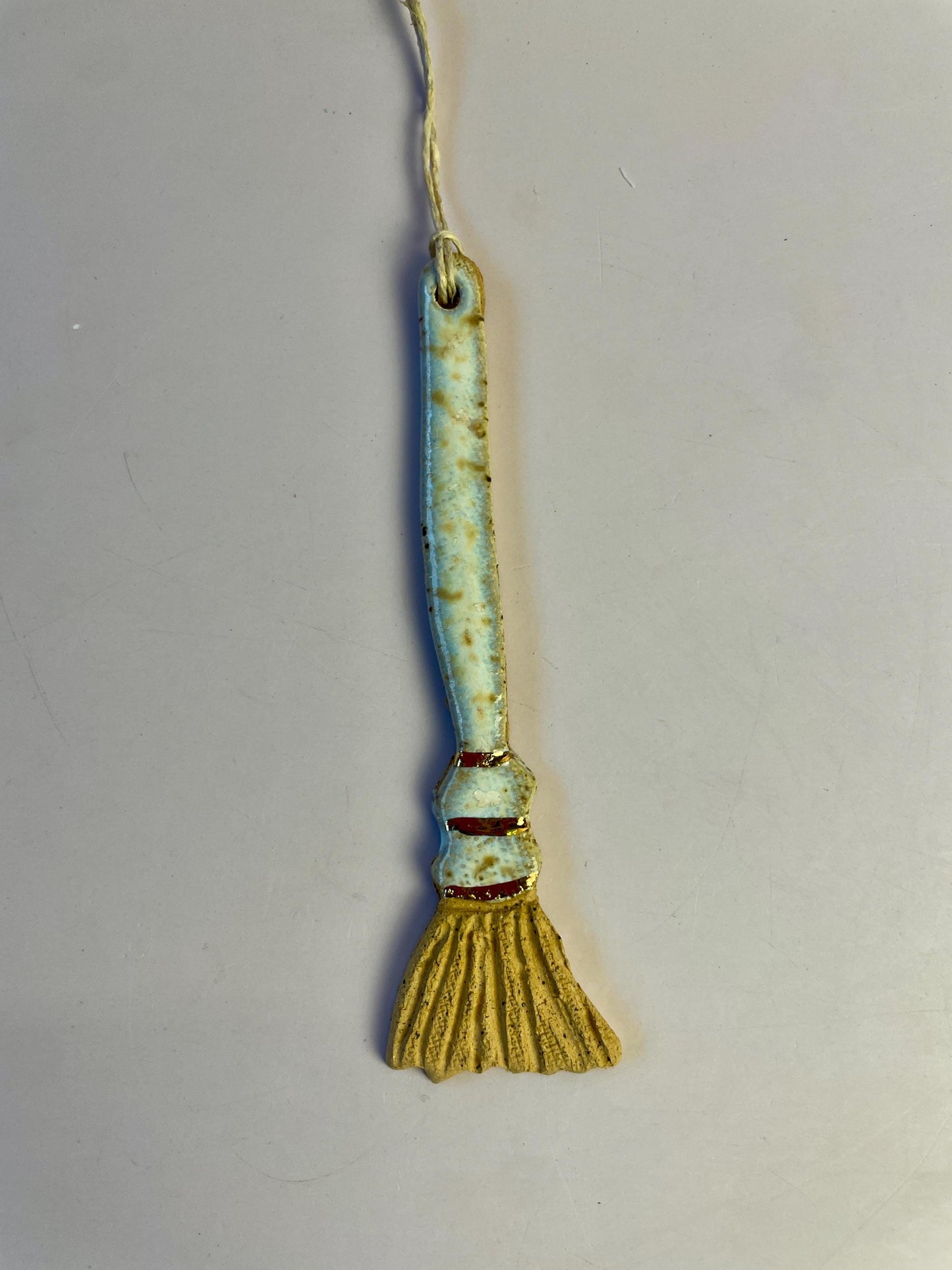 Ceramic Broom Ornament – Handcrafted Honey Clay Besom with Gold Luster | Light Blue & Opal Glaze | Hearth and Home Protection Charm
