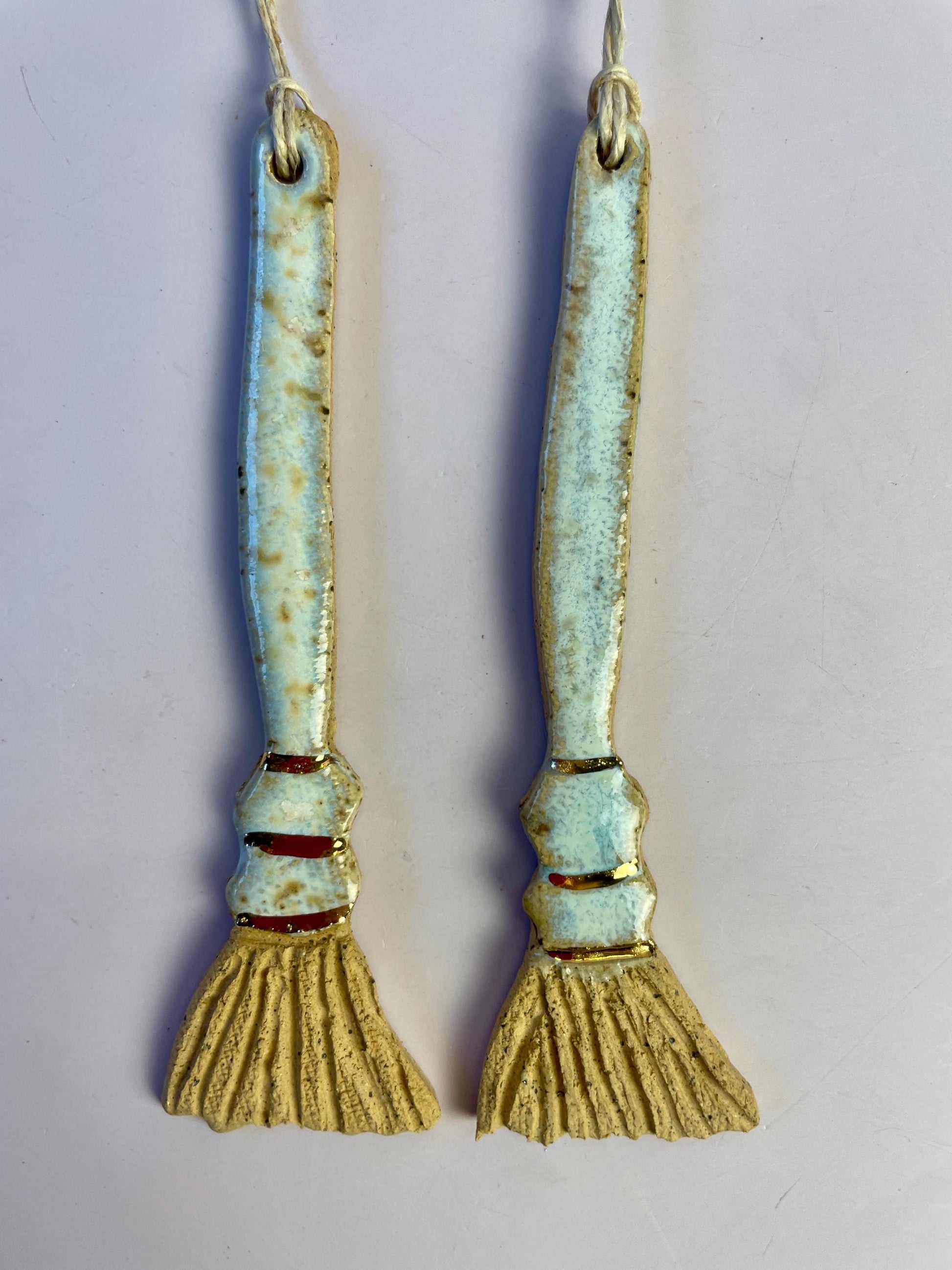Ceramic Broom Ornament – Handcrafted Honey Clay Besom with Gold Luster | Light Blue & Opal Glaze | Hearth and Home Protection Charm