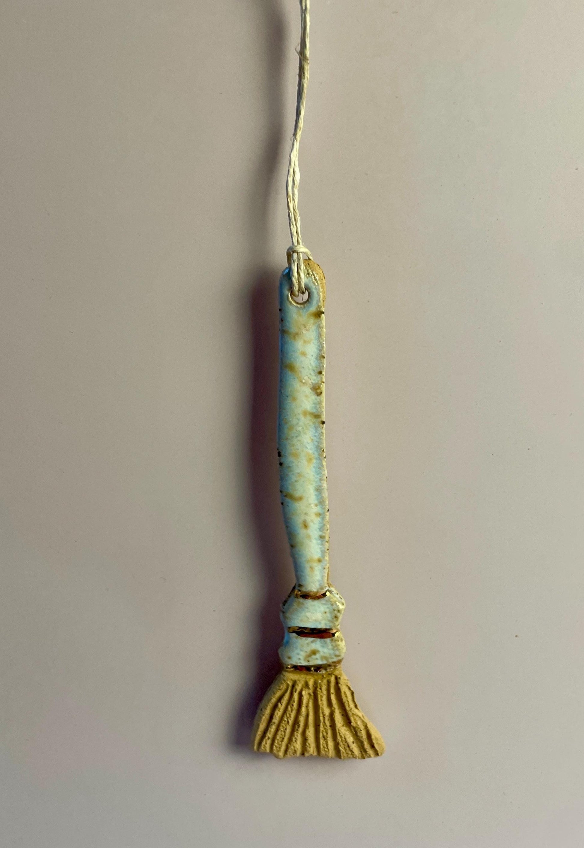 Ceramic Broom Ornament – Handcrafted Honey Clay Besom with Gold Luster | Light Blue & Opal Glaze | Hearth and Home Protection Charm