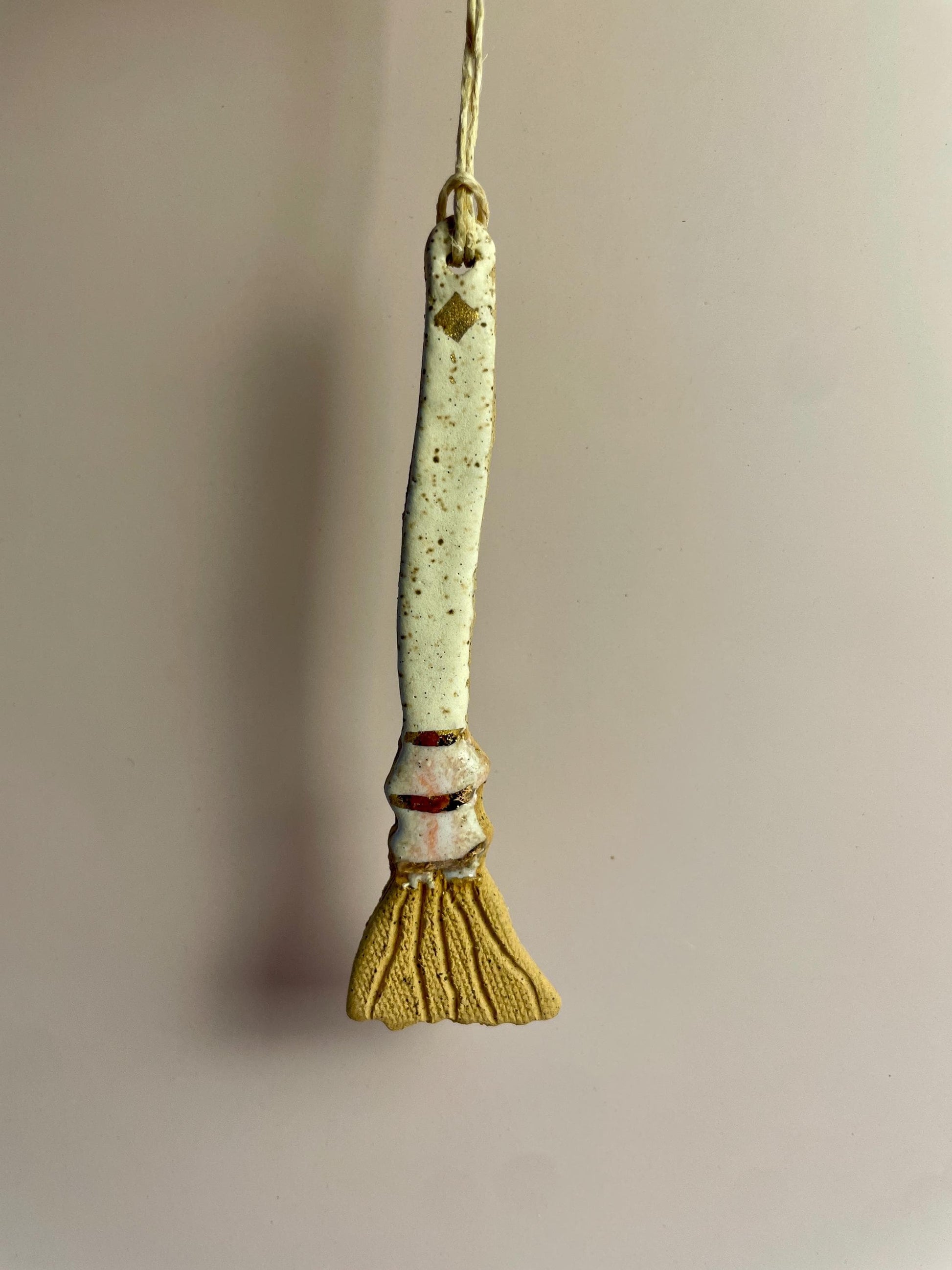 Ceramic Broom Ornament – White & Ice Pink Glaze with Gold Luster | Handcrafted Honey Clay Besom | Hearth and Home Cleansing Charm