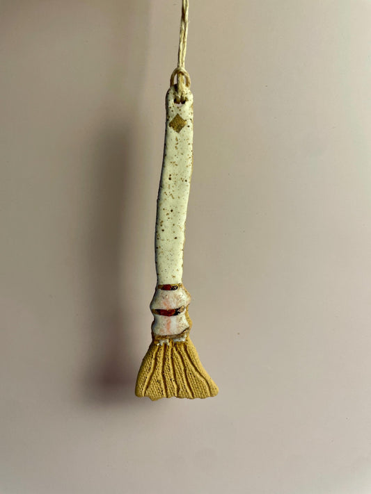 Ceramic Broom Ornament – White & Ice Pink Glaze with Gold Luster | Handcrafted Honey Clay Besom | Hearth and Home Cleansing Charm