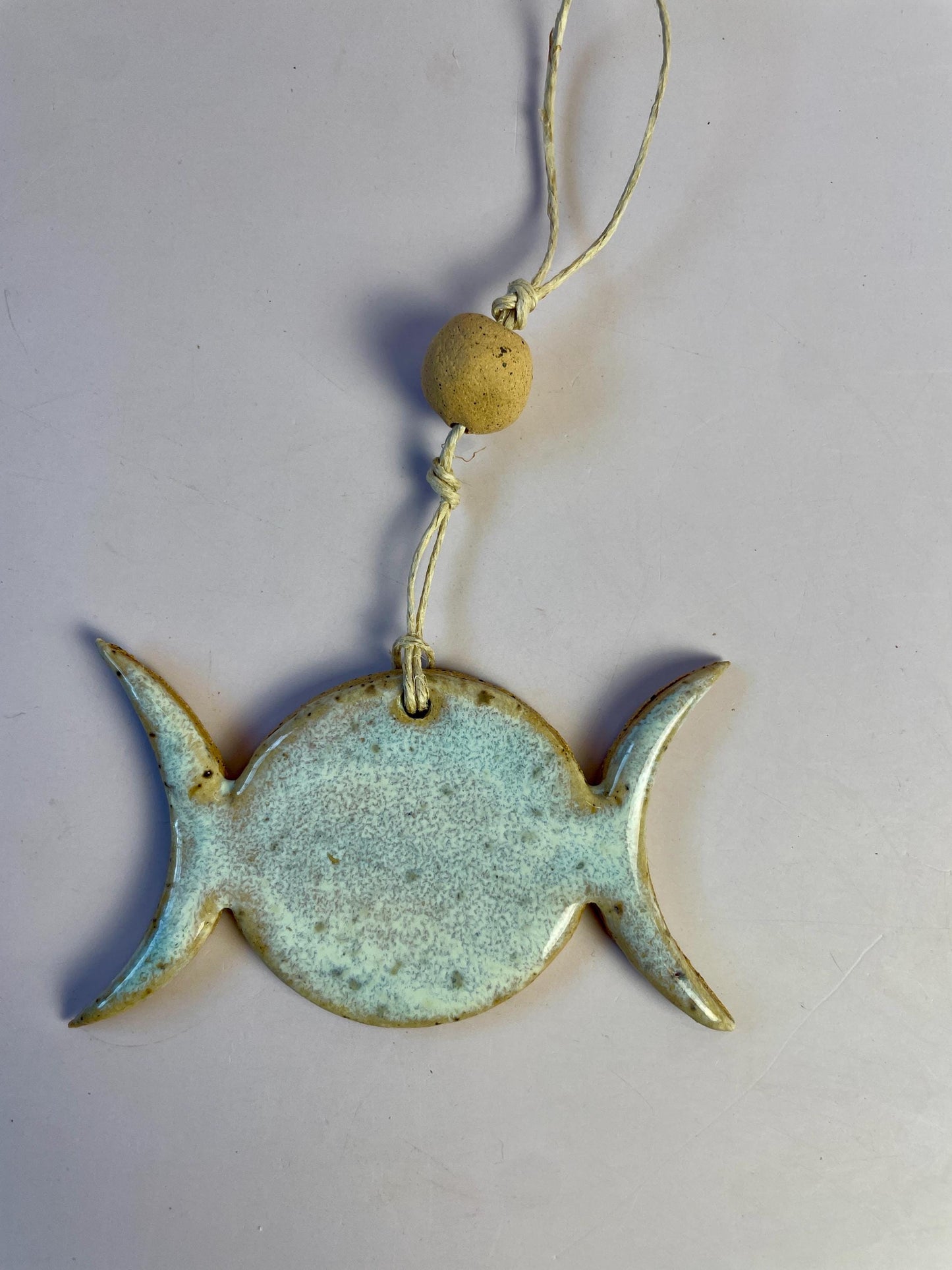 Triple Goddess Ornament – Pearl Aqua Lavender Glaze with Honey Clay Bead | Handcrafted Lunar Symbol Hanging | Celestial Feminine Decor