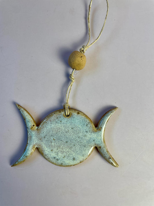 Triple Goddess Ornament – Pearl Aqua Lavender Glaze with Honey Clay Bead | Handcrafted Lunar Symbol Hanging | Celestial Feminine Decor