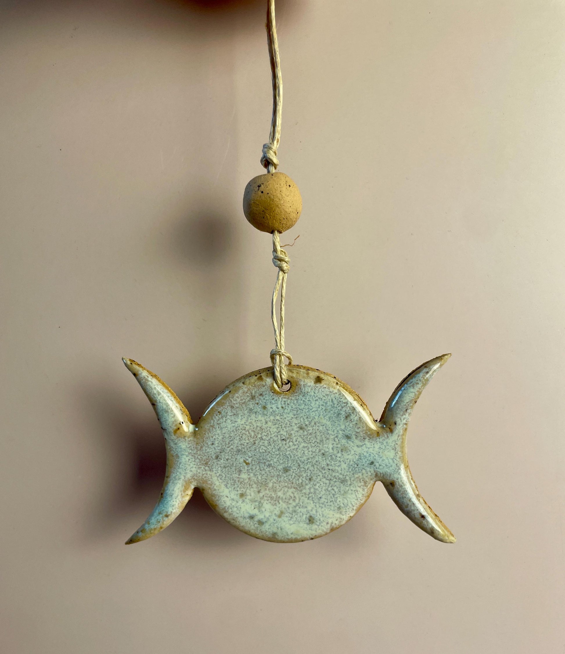 Triple Goddess Ornament – Pearl Aqua Lavender Glaze with Honey Clay Bead | Handcrafted Lunar Symbol Hanging | Celestial Feminine Decor