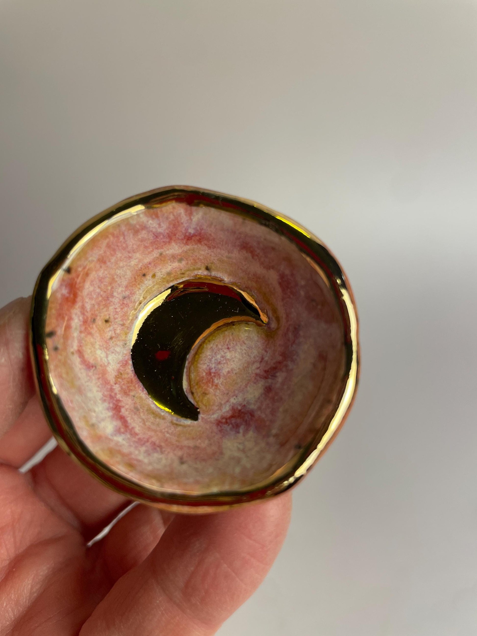 Tiny Gold Crescent Moon Dish – Hand-Formed Ceramic Bowl in Pink Glaze with Gold Luster Rim | Mini Altar or Jewelry Dish