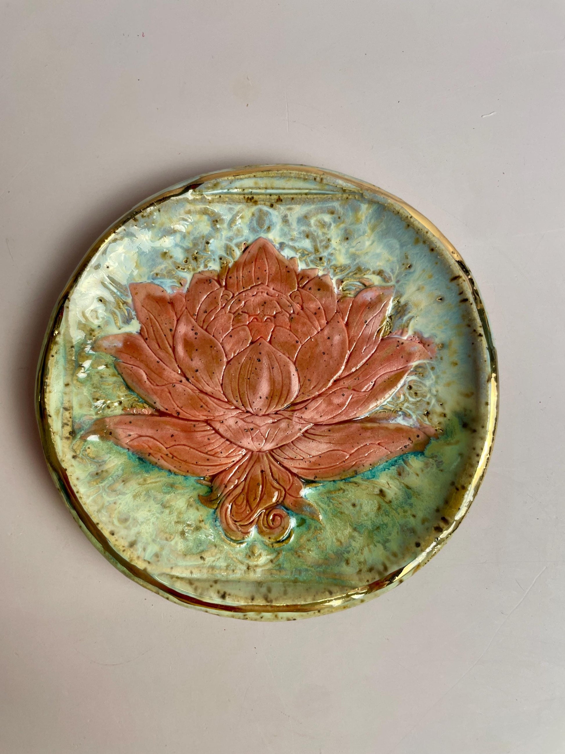 Handcrafted Lotus Trinket Dish – Pink Lotus on Aqua Green Glaze with Gold Luster Rim | 4” Ceramic Catch-All Dish