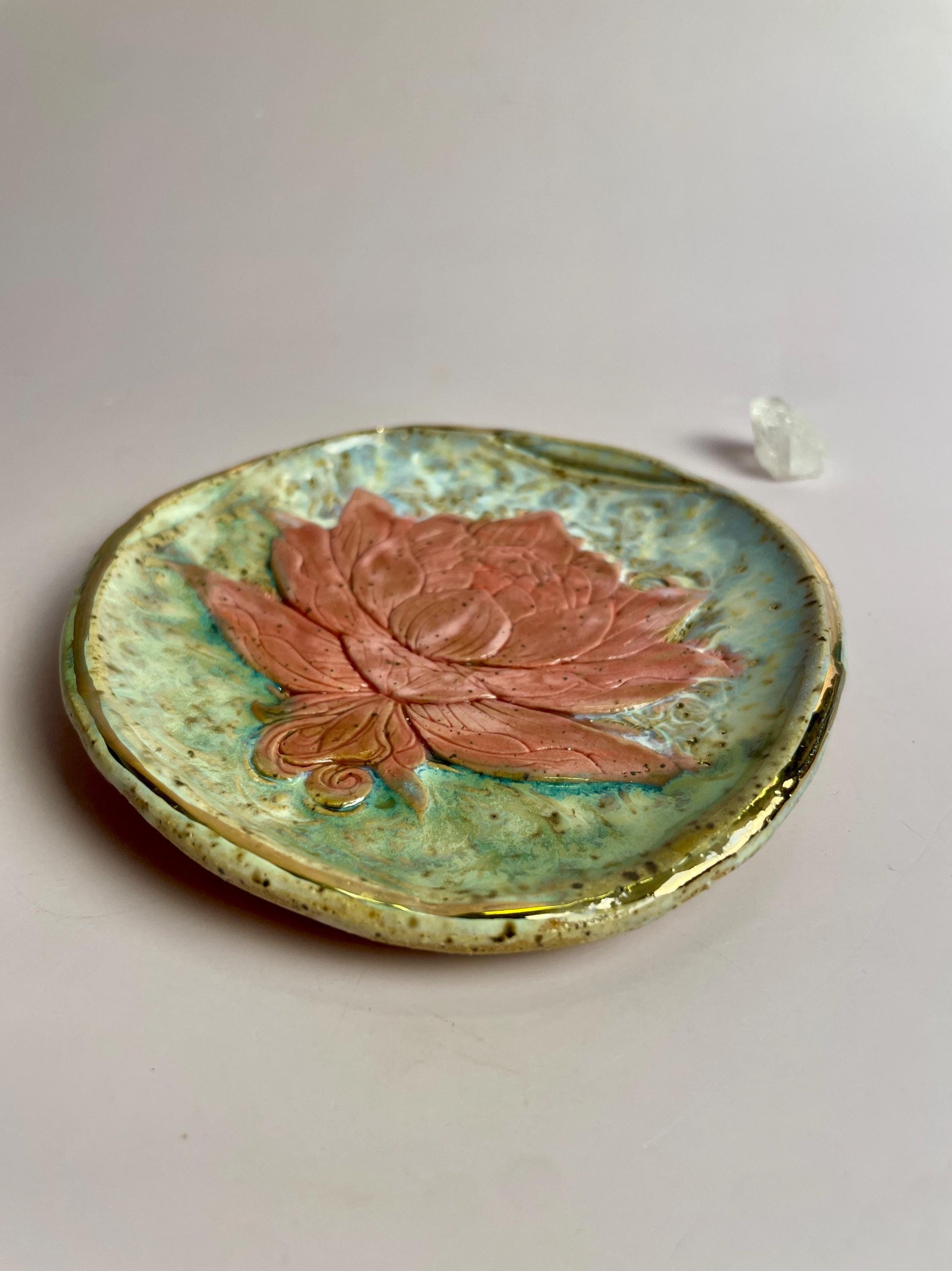 Handcrafted Lotus Trinket Dish – Pink Lotus on Aqua Green Glaze with Gold Luster Rim | 4” Ceramic Catch-All Dish