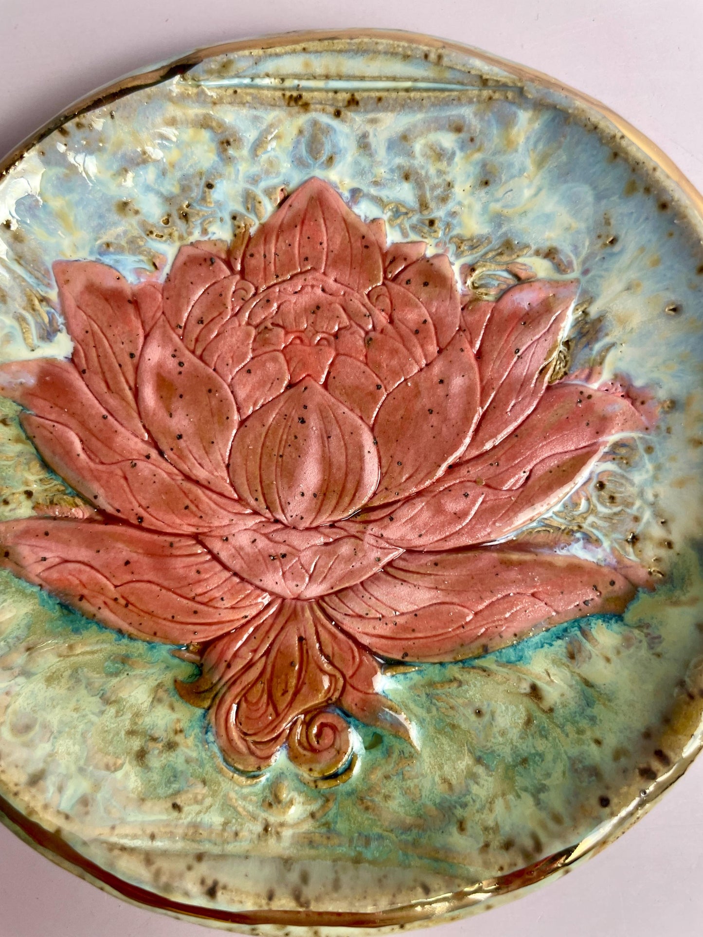 Handcrafted Lotus Trinket Dish – Pink Lotus on Aqua Green Glaze with Gold Luster Rim | 4” Ceramic Catch-All Dish