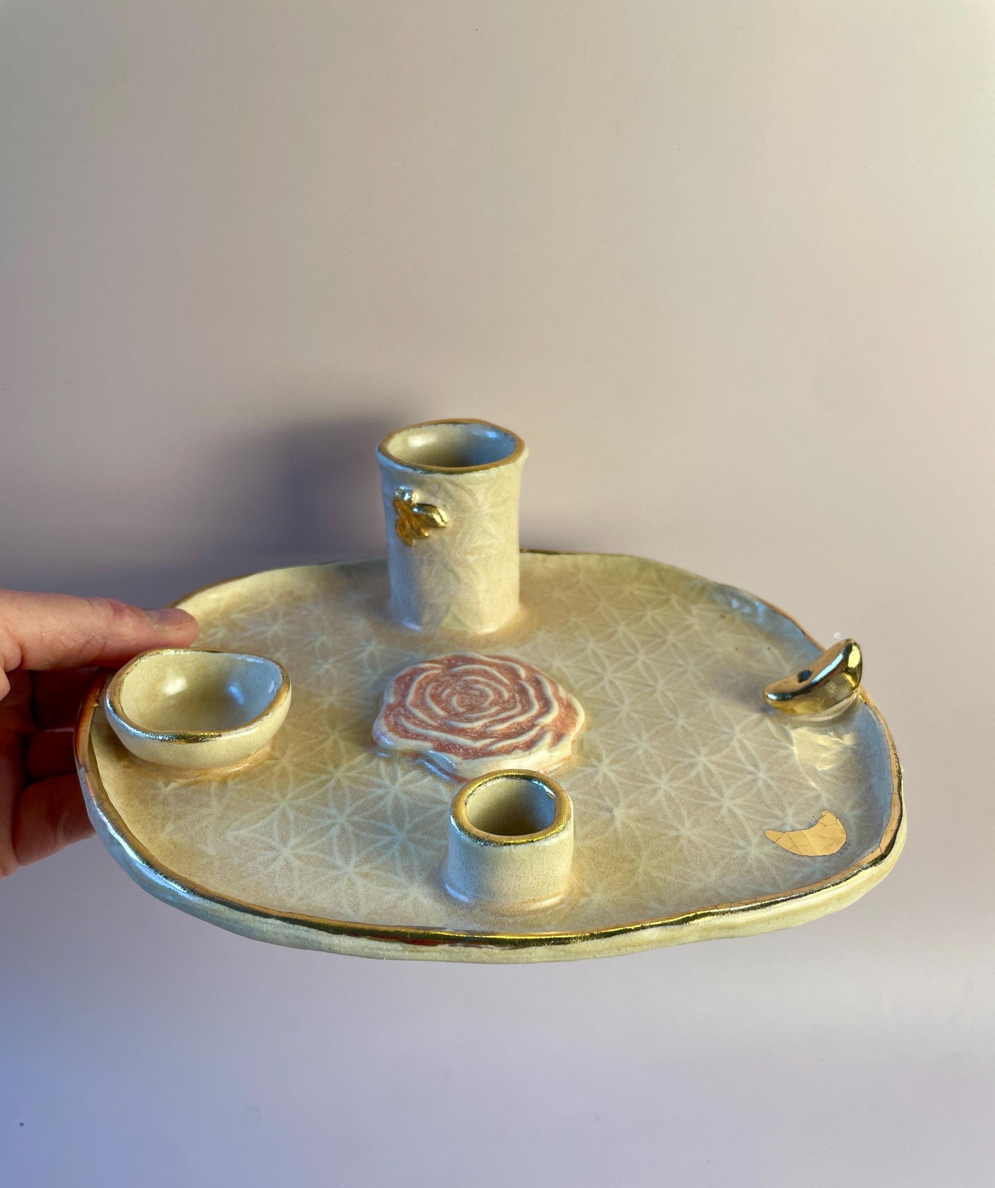 Divine Feminine Ritual Dish – Flower of Life • Gold Luster Moon • Rose Symbol • Bee Vase • Multi-Use Altar Tray (8x7”)