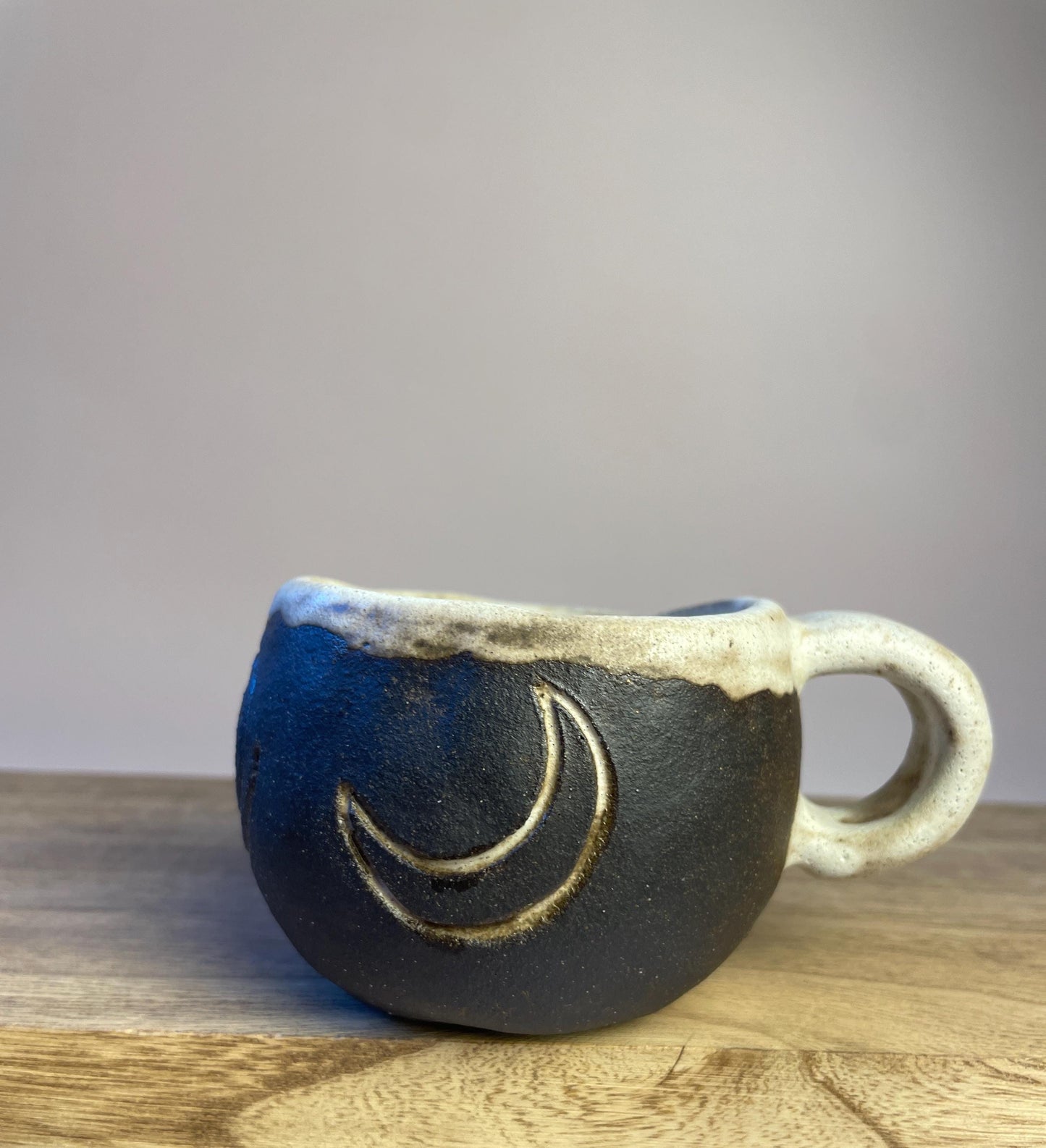 Ritual Cycle Mug • Hand-Pinched Ceramic Cup • Sun Spiral Moon Symbols • Dark Clay & Oatmeal Glaze • 6 oz Handmade Pott