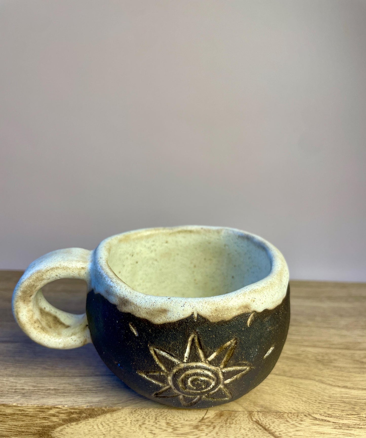 Ritual Cycle Mug • Hand-Pinched Ceramic Cup • Sun Spiral Moon Symbols • Dark Clay & Oatmeal Glaze • 6 oz Handmade Pott