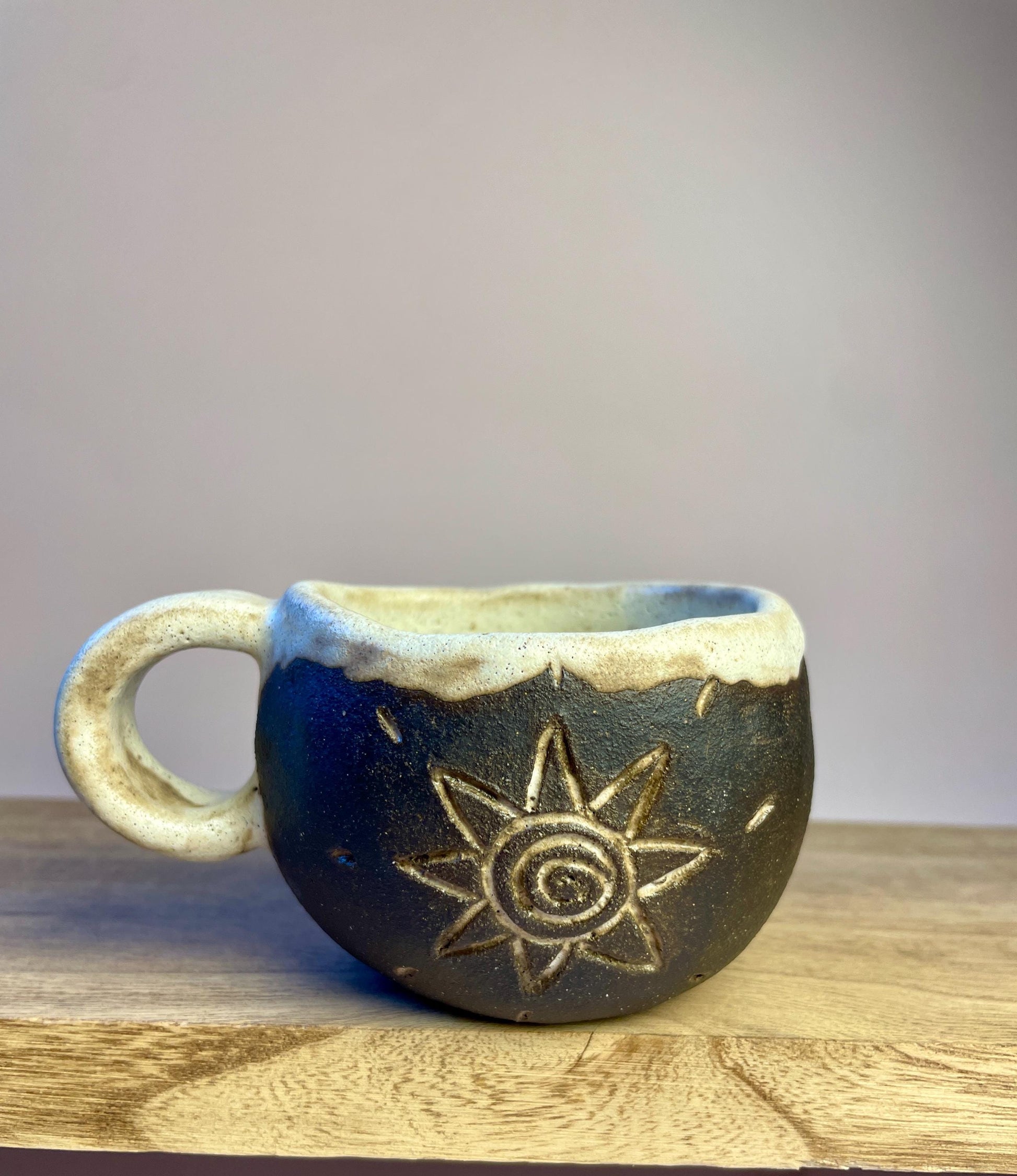 Ritual Cycle Mug • Hand-Pinched Ceramic Cup • Sun Spiral Moon Symbols • Dark Clay & Oatmeal Glaze • 6 oz Handmade Pott
