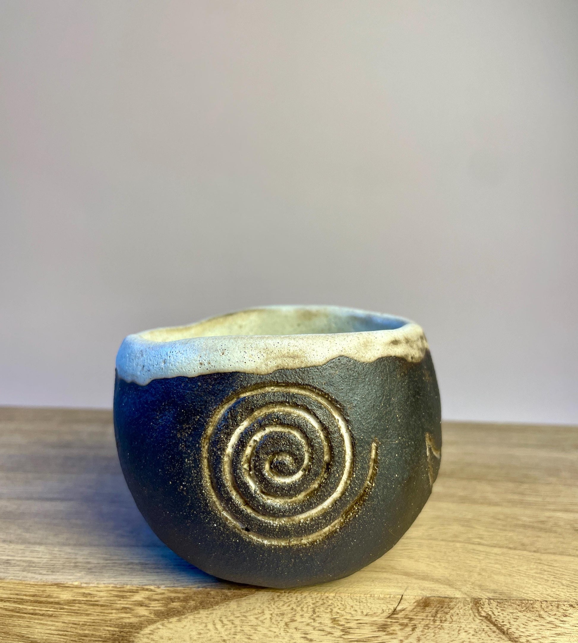 Ritual Cycle Mug • Hand-Pinched Ceramic Cup • Sun Spiral Moon Symbols • Dark Clay & Oatmeal Glaze • 6 oz Handmade Pott